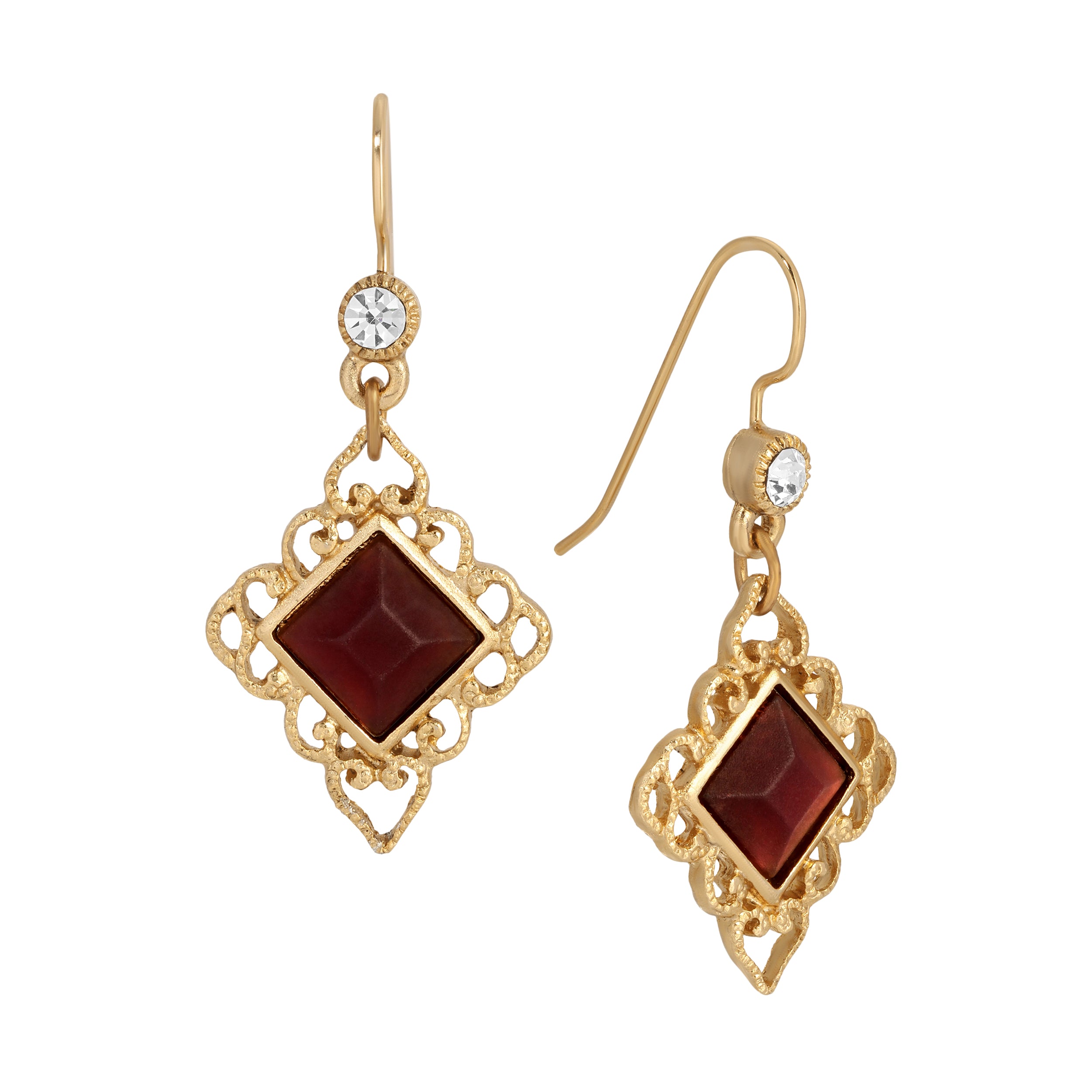 Gold Filigree & Diamond Shaped Purple Amethyst Gemstone Drop Earrings