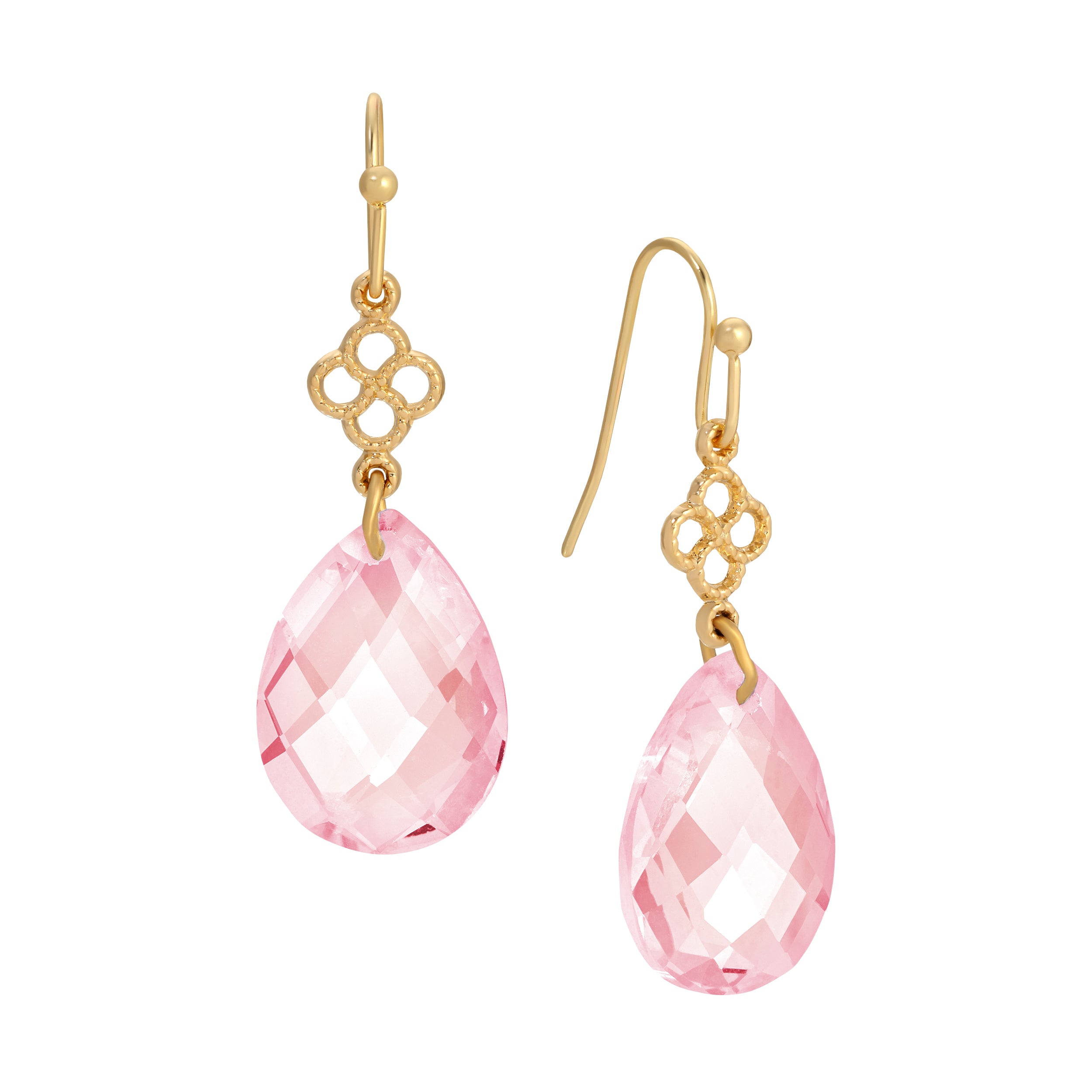 Golden Light Rose Pink Faceted Briolette Teardrop Earrings