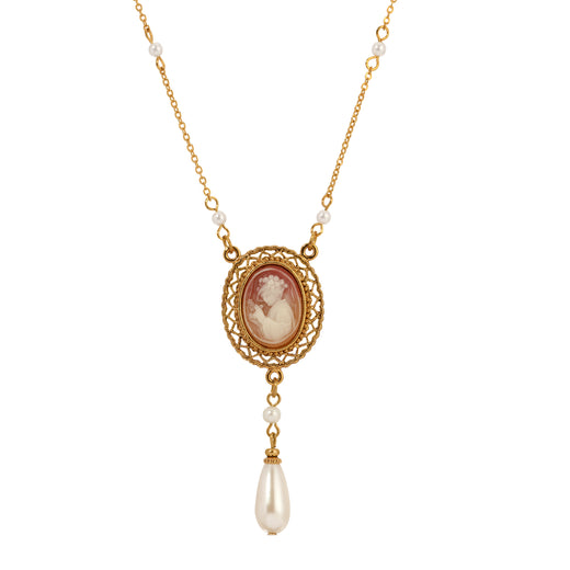 Oval Victorian Lady Silhouette Cameo & Teardrop Pearl Pendant Necklace 15" + 3" Extension