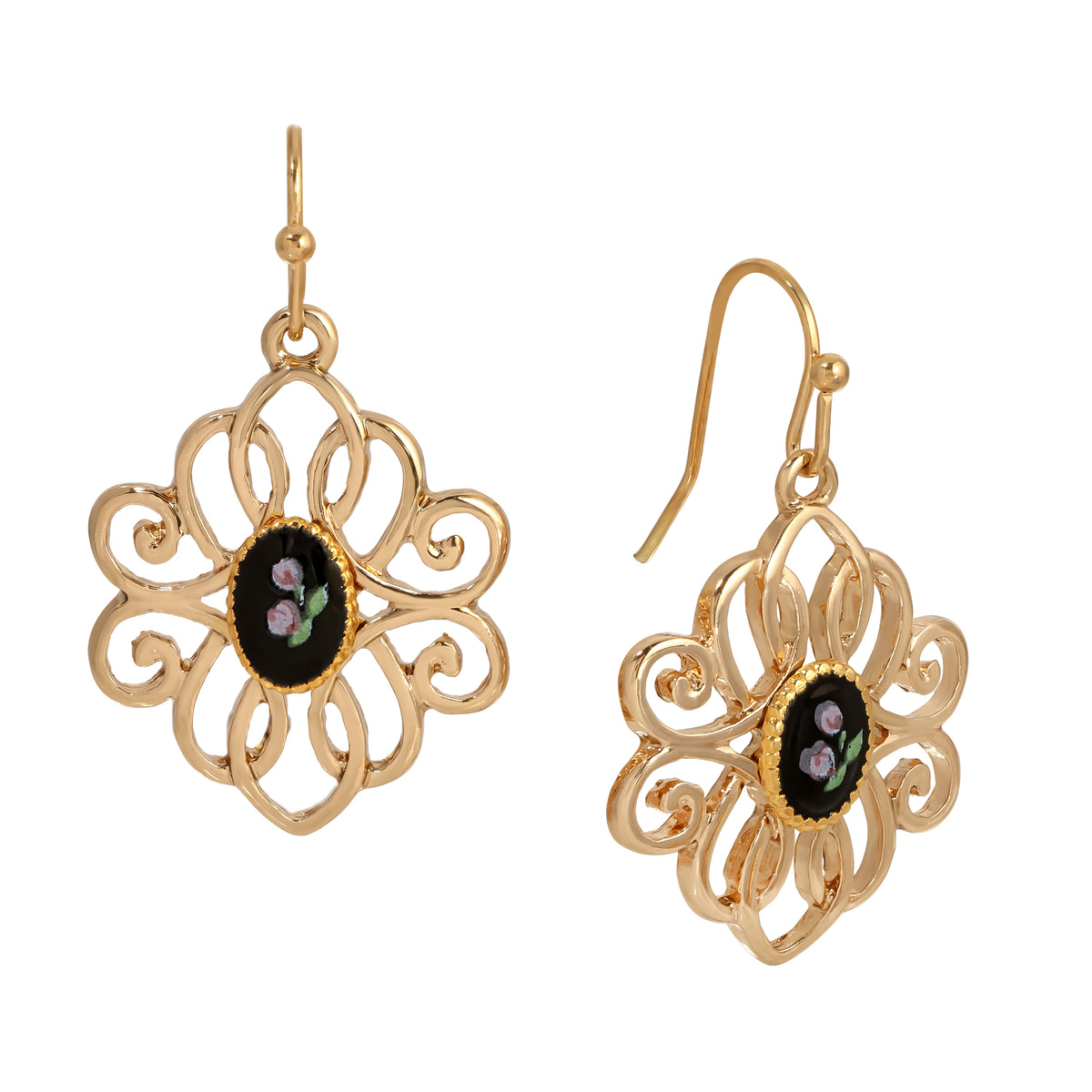 Golden Filigree & Black Oval Flower Decal Drop Earrings