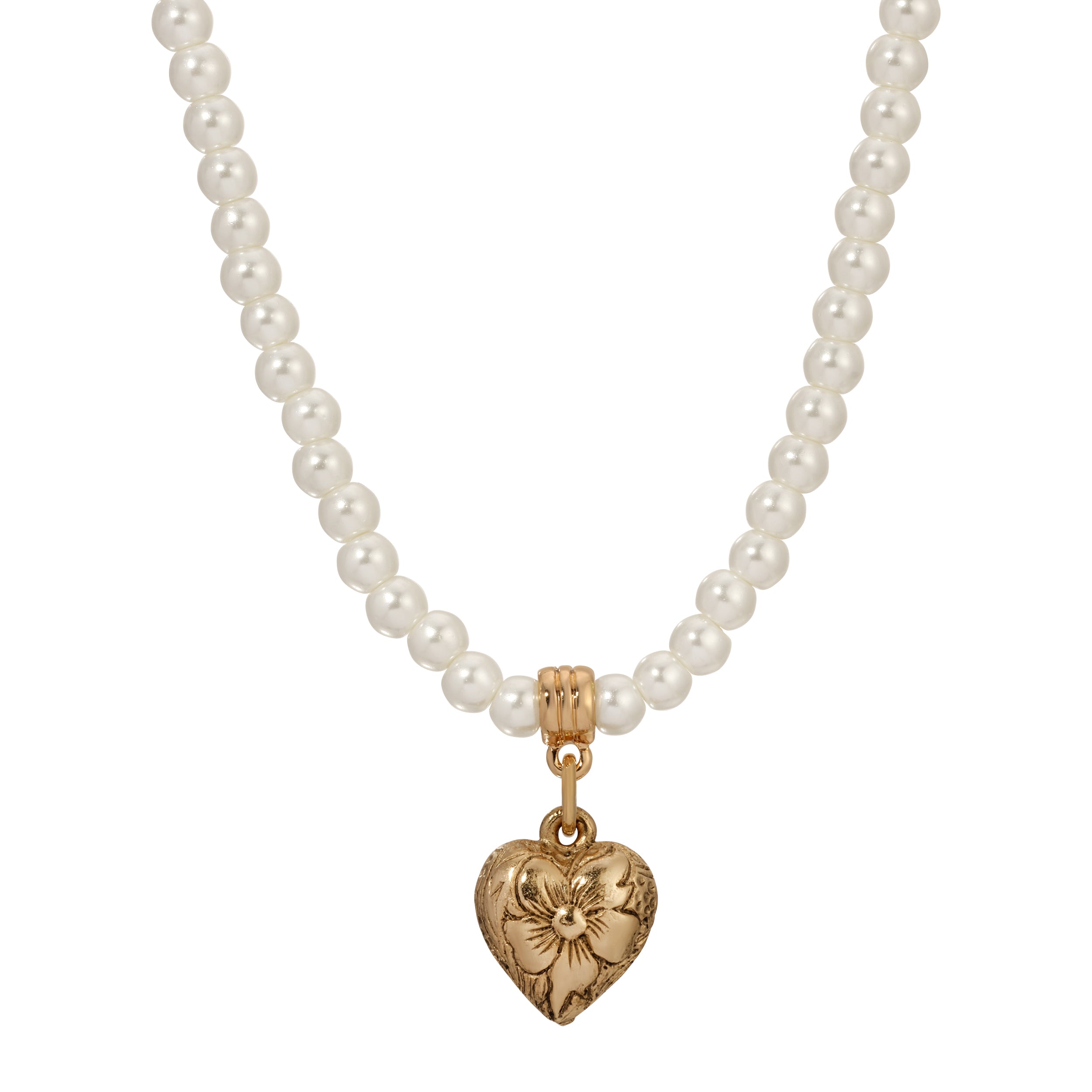 Golden Floral Etched Pendant & Round Faux Pearl Strand Necklace 15" + 3" Extension