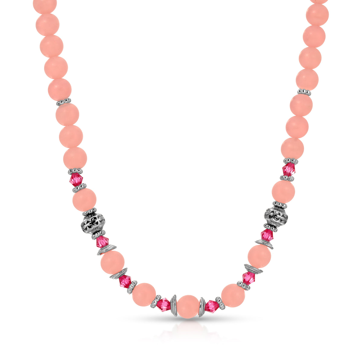 Silver & Matte Rose Pink Beaded Necklace 16" + 3" Extension