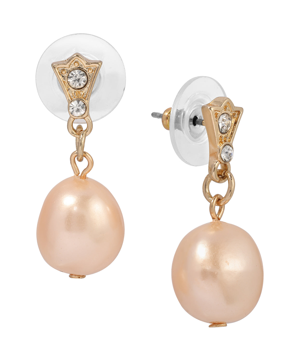Golden Pink Champagne Faux Pearl & Crystal Drop Stud Earrings