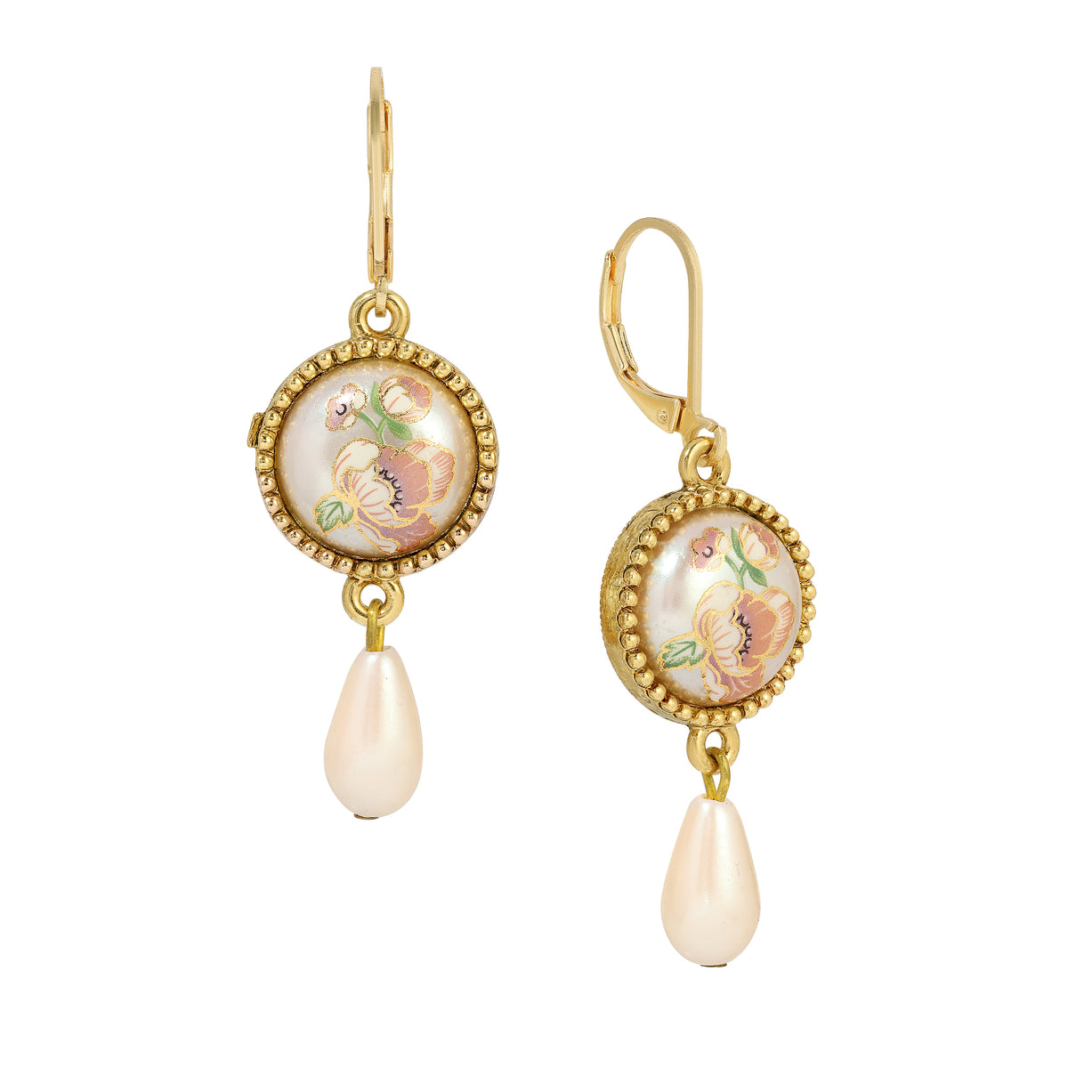 Round Pink Floral Decal & Faux Pearl Teardrop Dangle Earrings