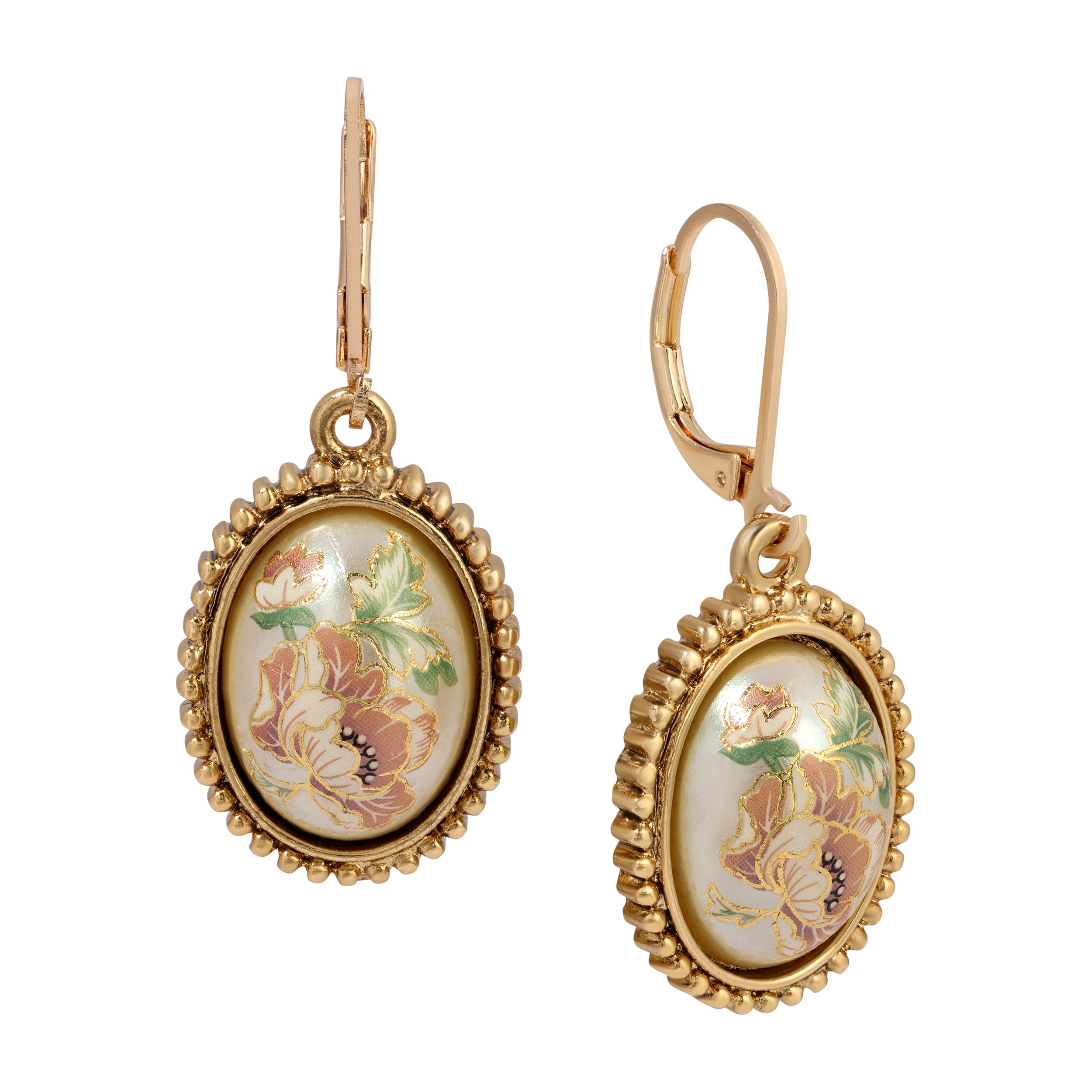 Pink Floral Dotted Oval Faux Pearl Drop Earrings