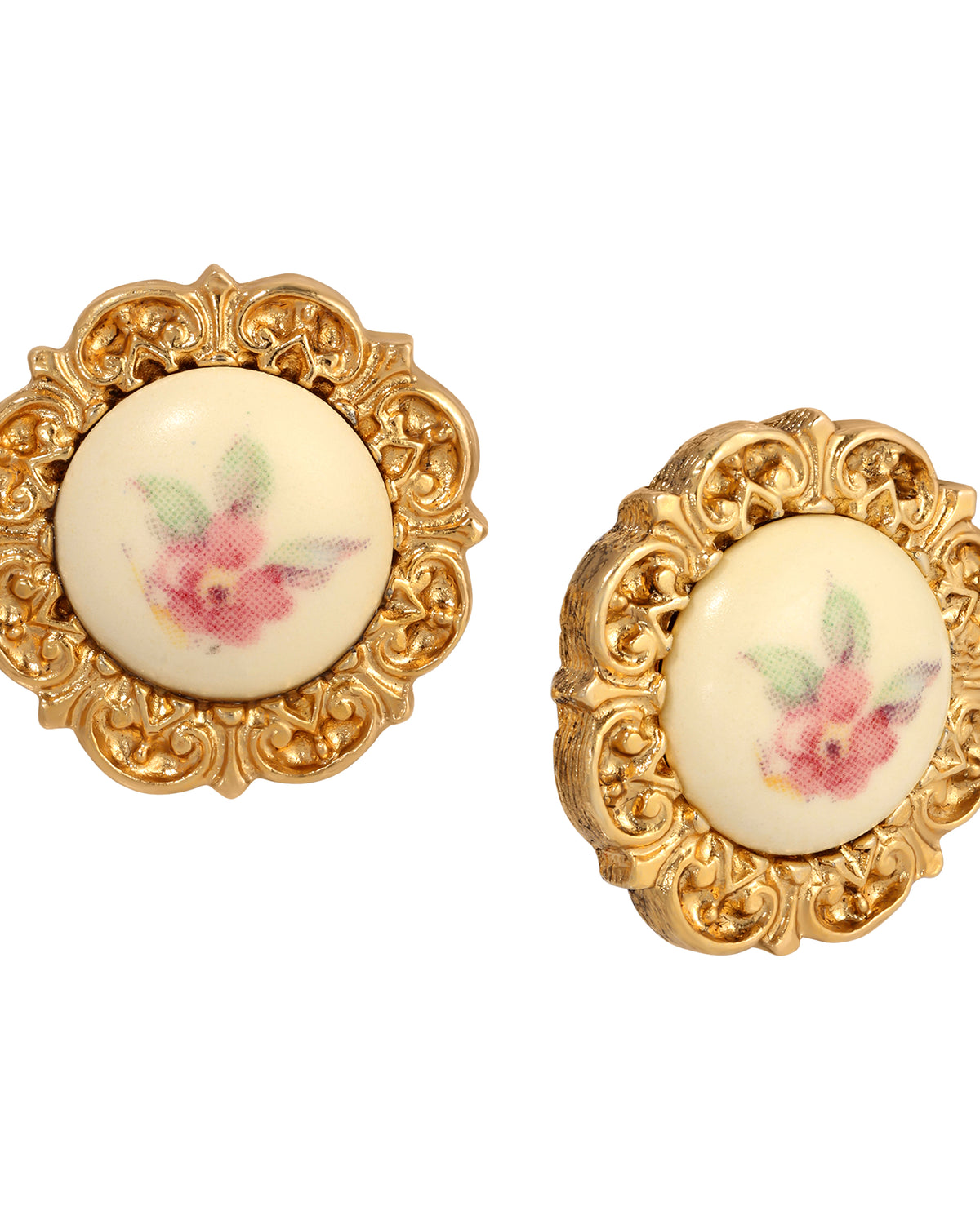 Golden Round Cream Stone & Pink Flower Decal Stud Earrings
