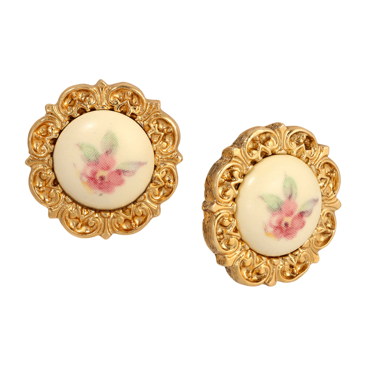 Golden Round Cream Stone & Pink Flower Decal Stud Earrings