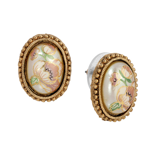 Pink Floral Oval Faux Pearl Stud Earrings