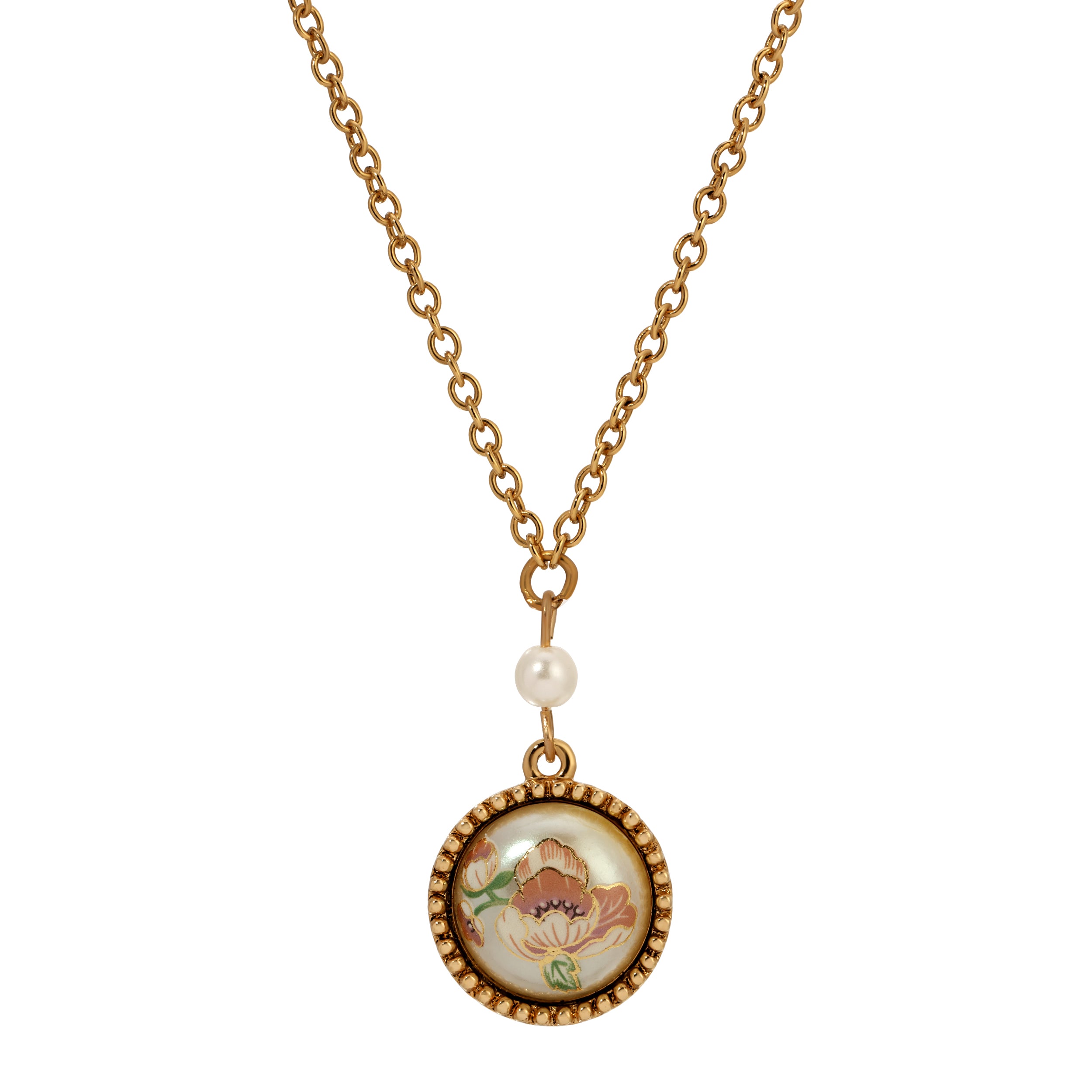 Round Pink Floral Faux Pearl Decal Pendant Necklace 16" + 3" Extension