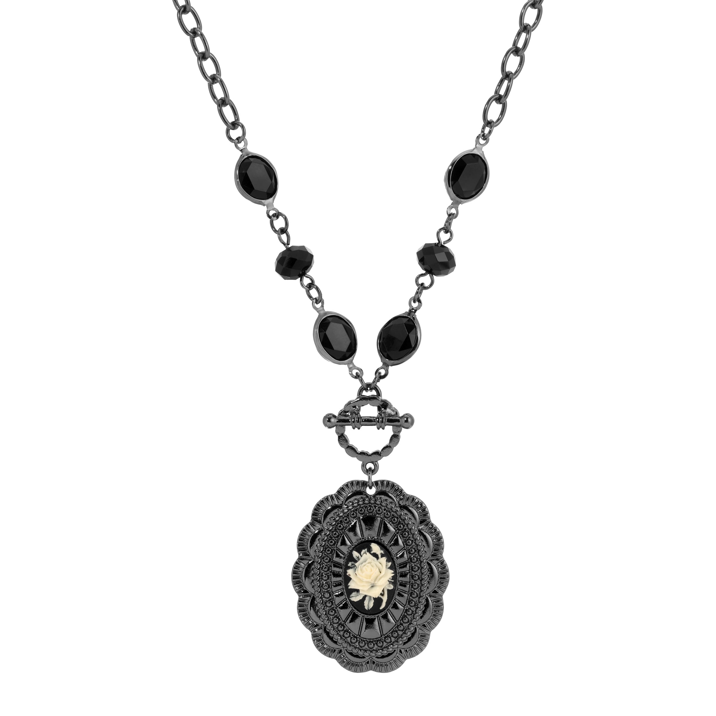 Jet Black & Ivory Flower Cameo Pendant Necklace 18"