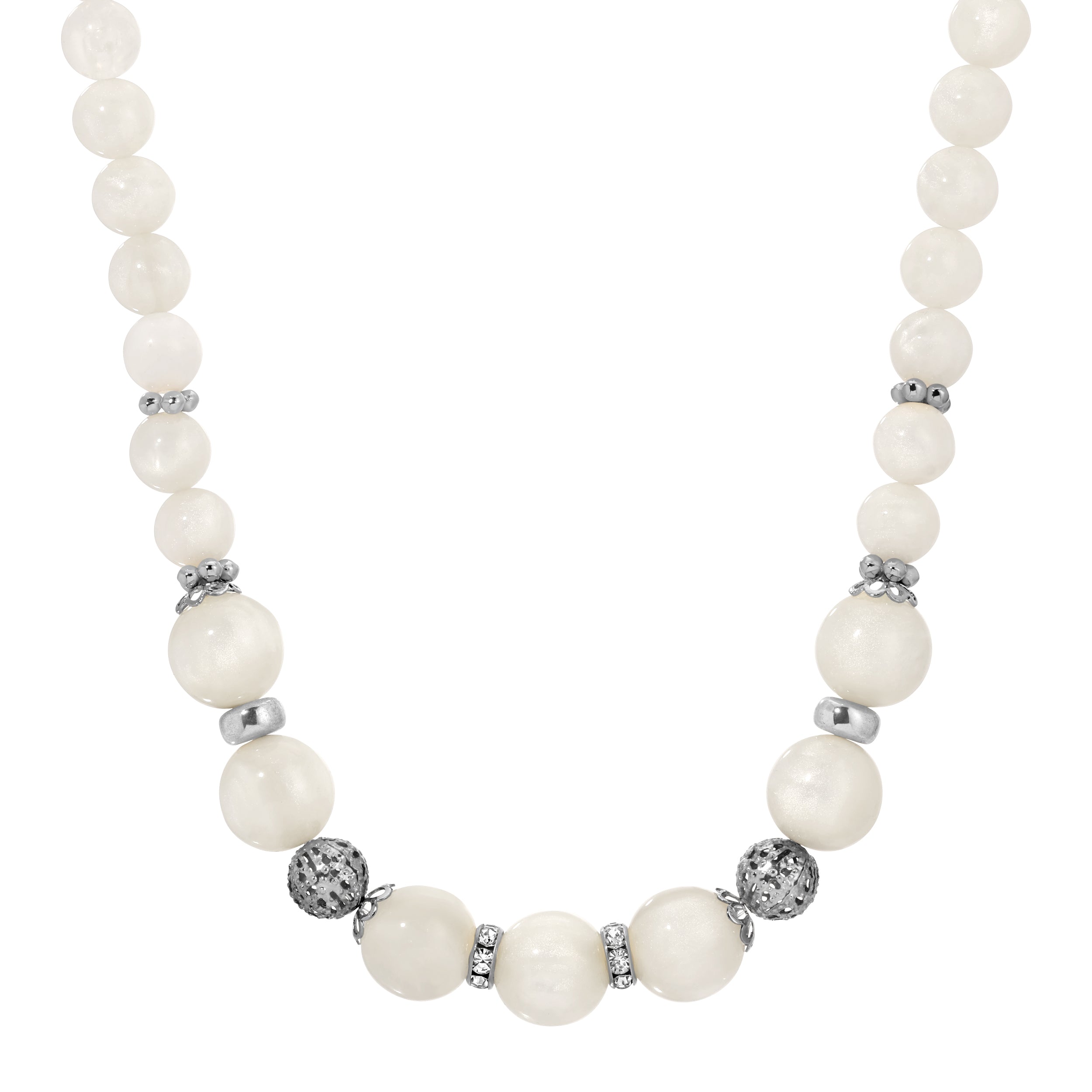 White Moonstone & Silver Filigree Beaded Necklace 16.5" + 3" Extension