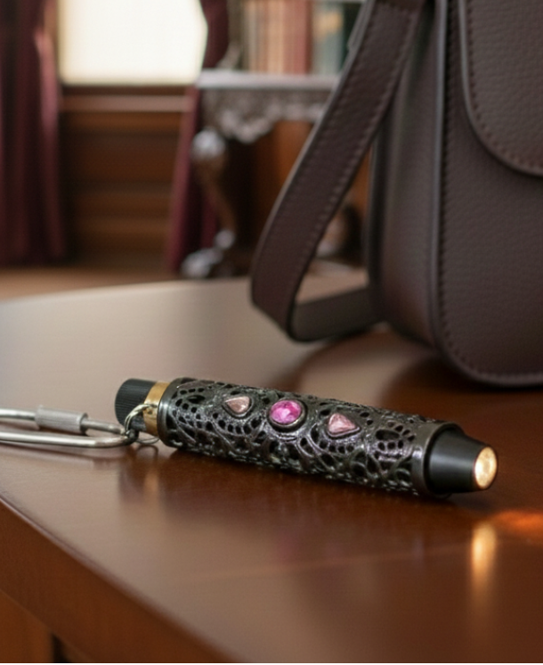 Brown leather handbag with gold clasp on a wooden table, with a decorative pen flashlight in front.