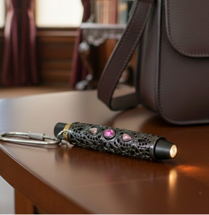 Brown leather handbag with gold clasp on a wooden table, with a decorative pen flashlight in front.