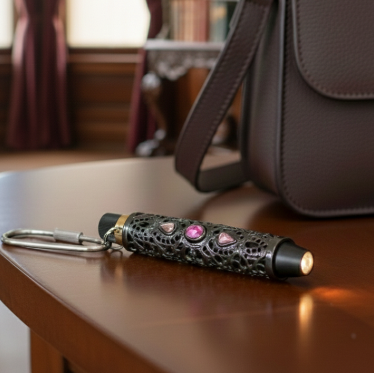 Brown leather handbag with gold clasp on a wooden table, with a decorative pen flashlight in front.
