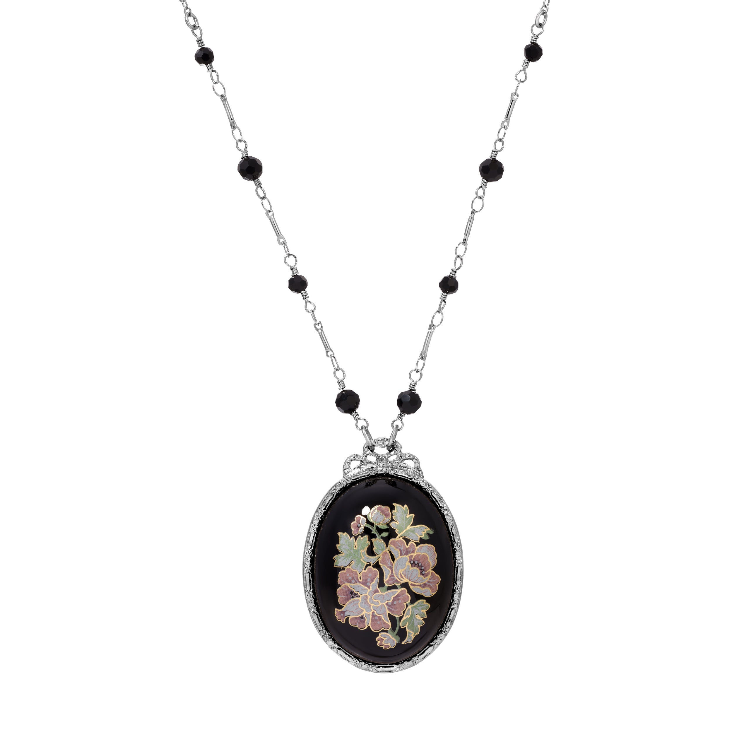 Oval Jet Black Stone & Flower Decal Beaded Chain Pendant Necklace 30"
