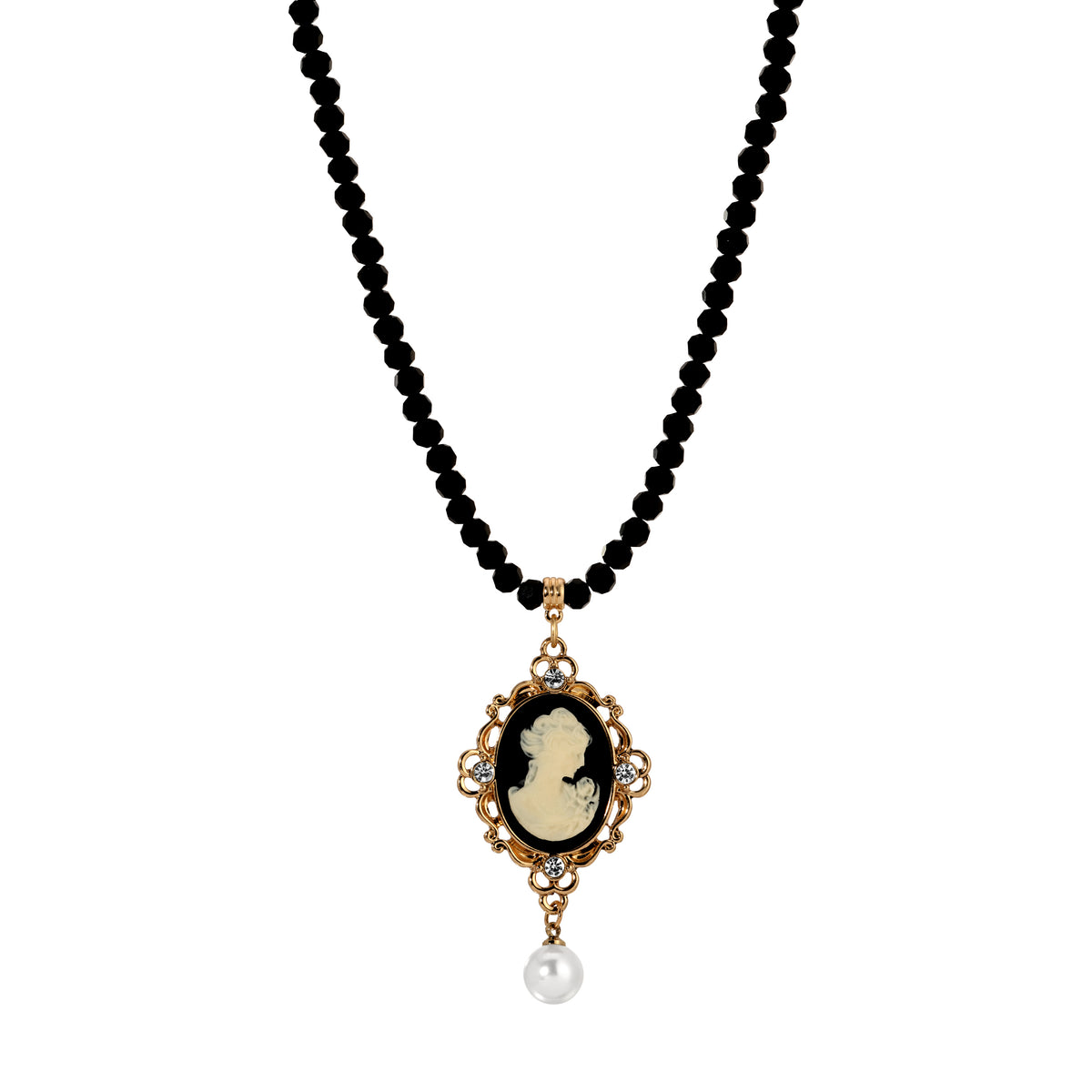 Black & Ivory Cameo Beaded Drop Pendant Necklace 15" + 3" Extension
