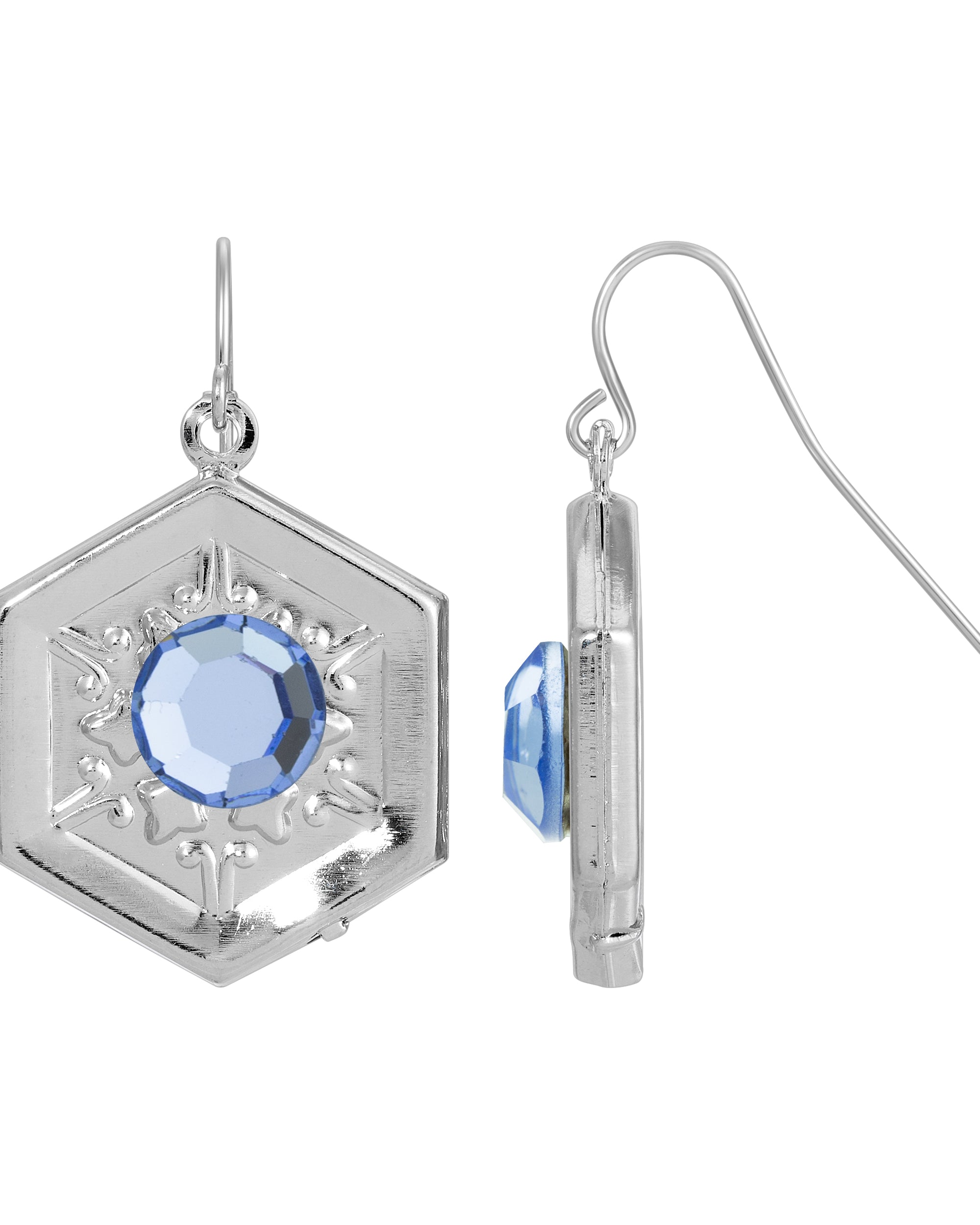 Hexagon Shaped Silver & Light Sapphire Blue Crystal Drop Earrings
