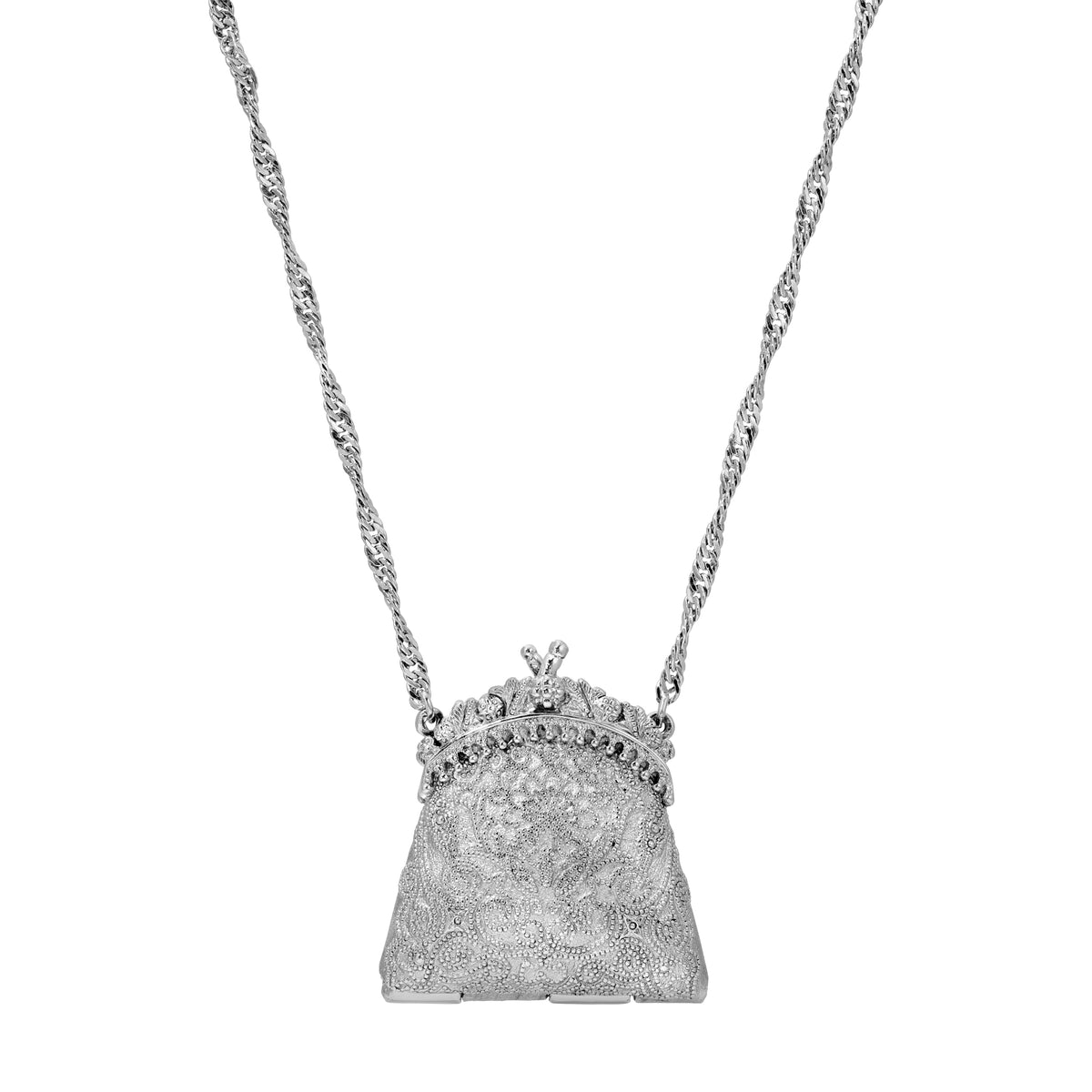Art Deco Glamour Purse Locket Necklace 28" in Silver Tone