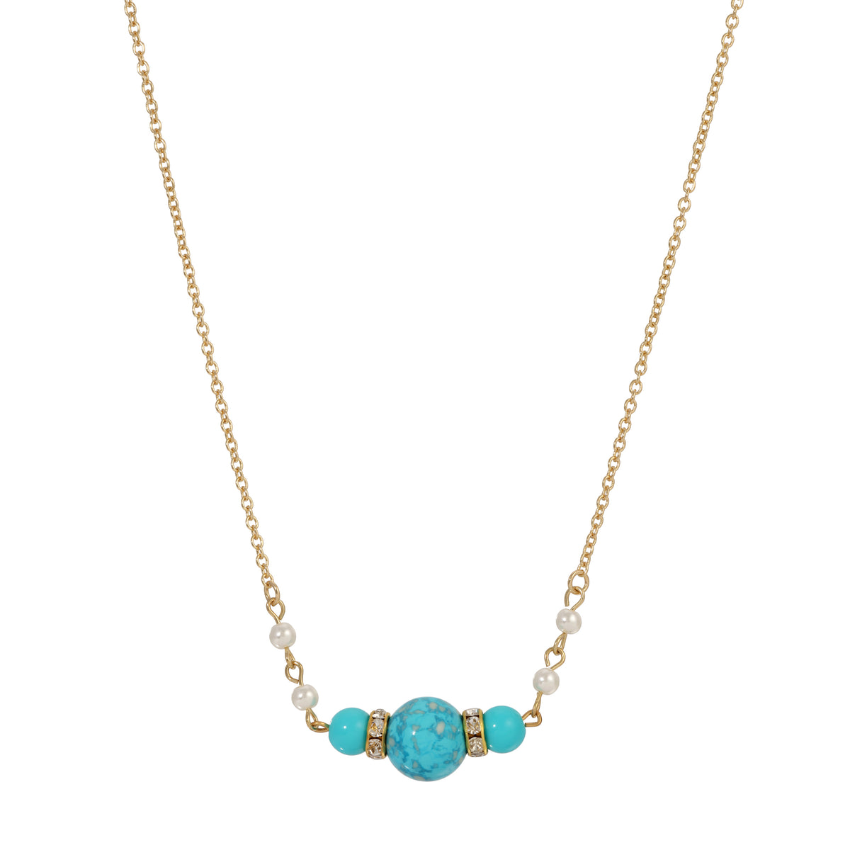 Turquoise Beaded & Faux Pearl Chain Necklace 15" + 3" Extension