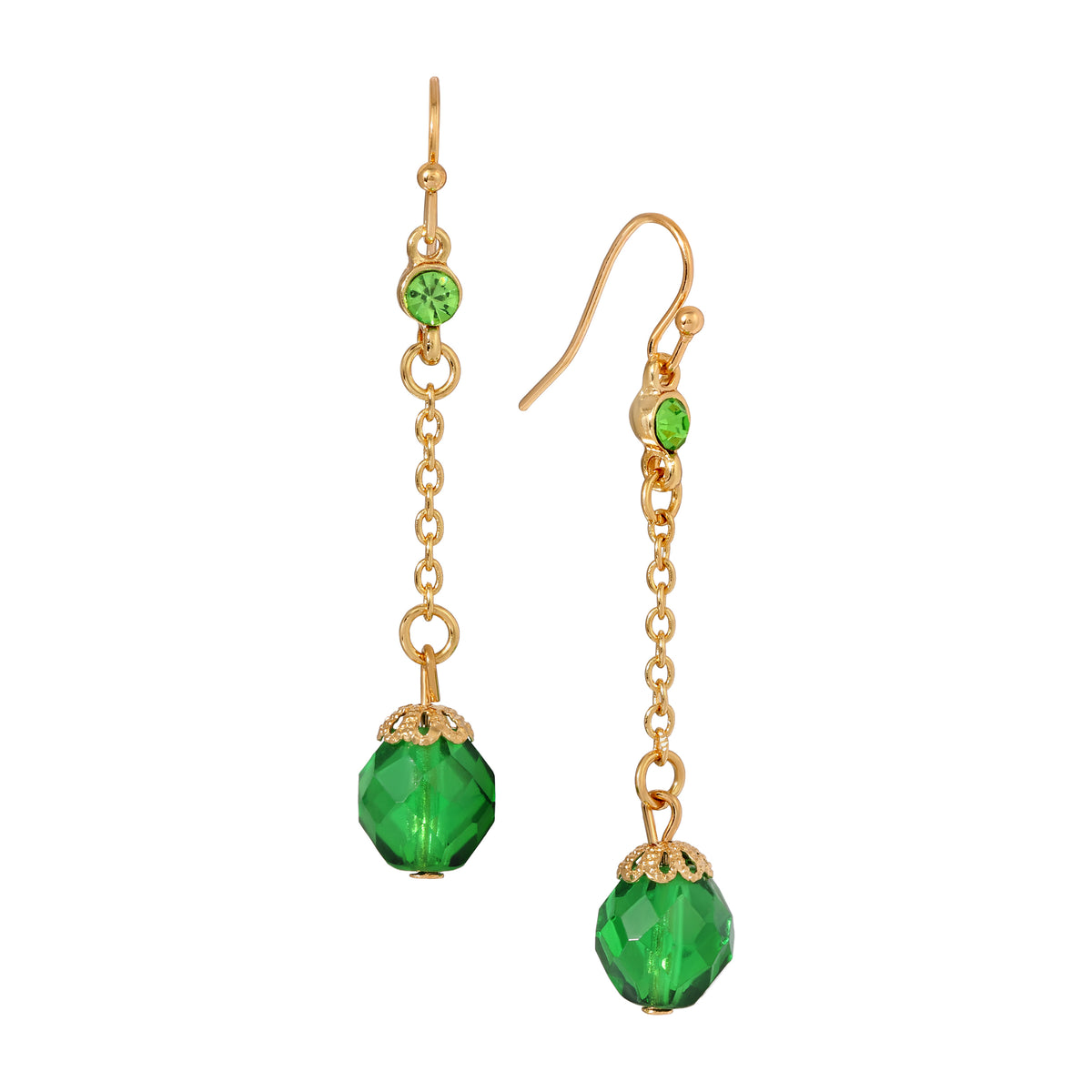 Faceted Emerald Green Glass Bead & Crystal Dangle Earrings