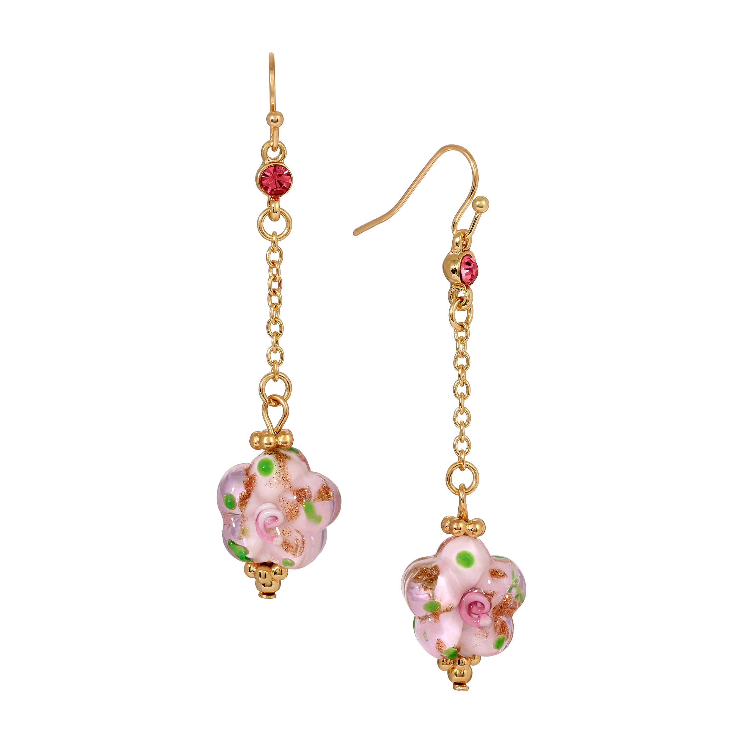 Pink Blooming Flower Bead & Crystal Dangle Earrings