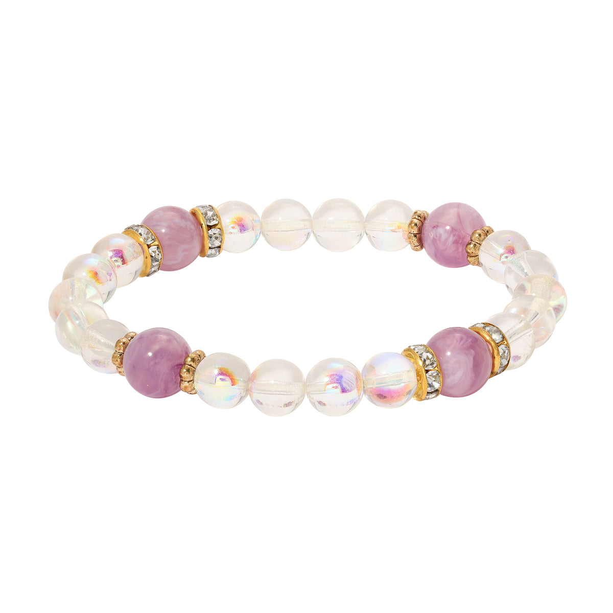 Smooth AB Glass Crystal & Round Lilac Purple Beaded Stretch Bracelet