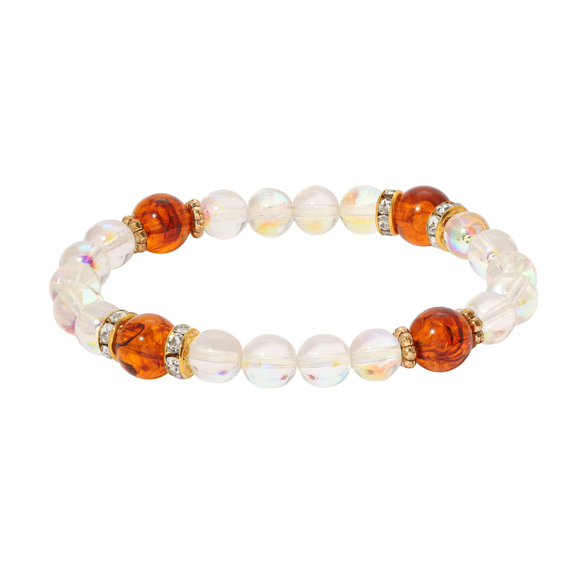 Smooth AB Glass Crystal & Round Tortoise Brown Beaded Stretch Bracelet