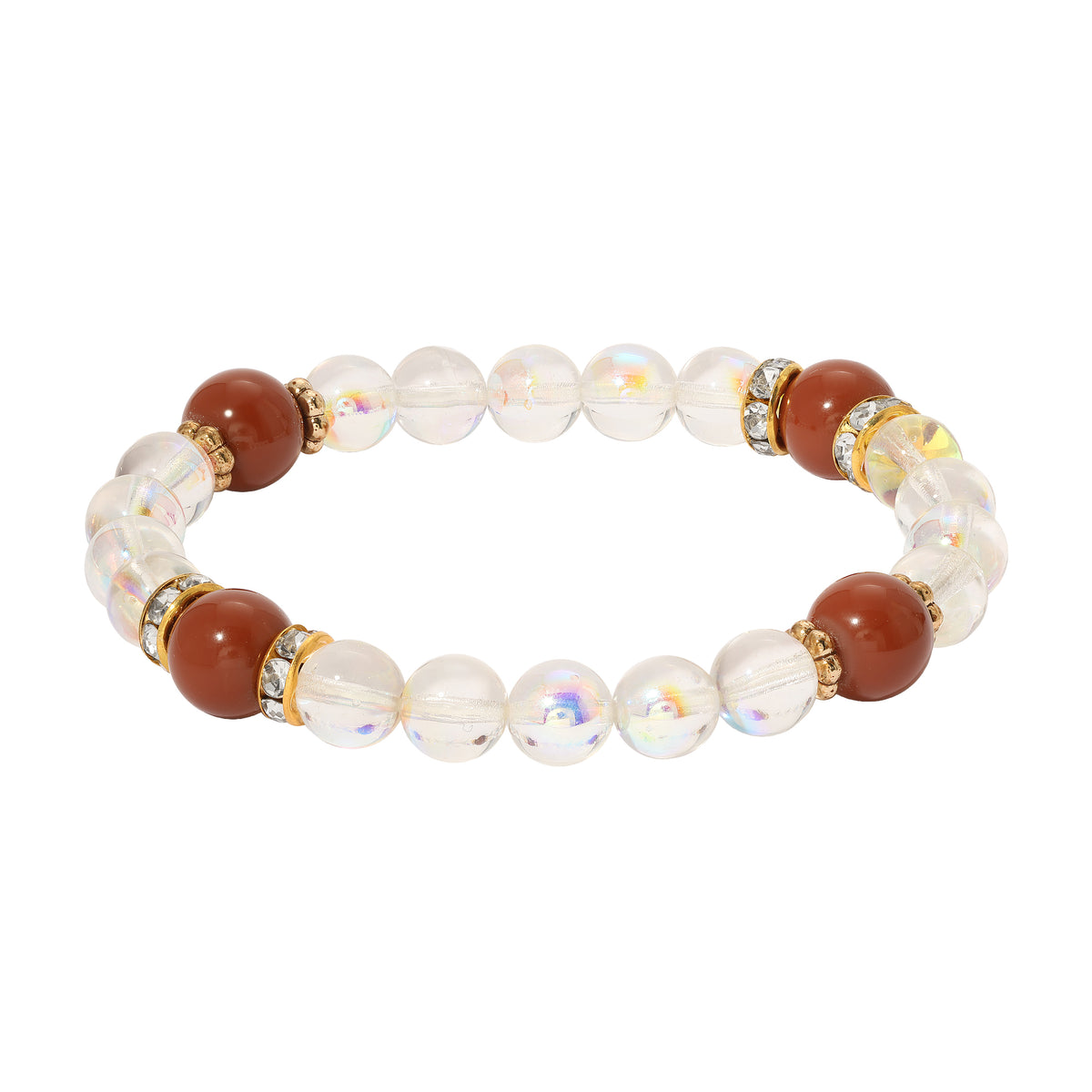 Smooth AB Glass Crystal & Round Brick Red Beaded Stretch Bracelet