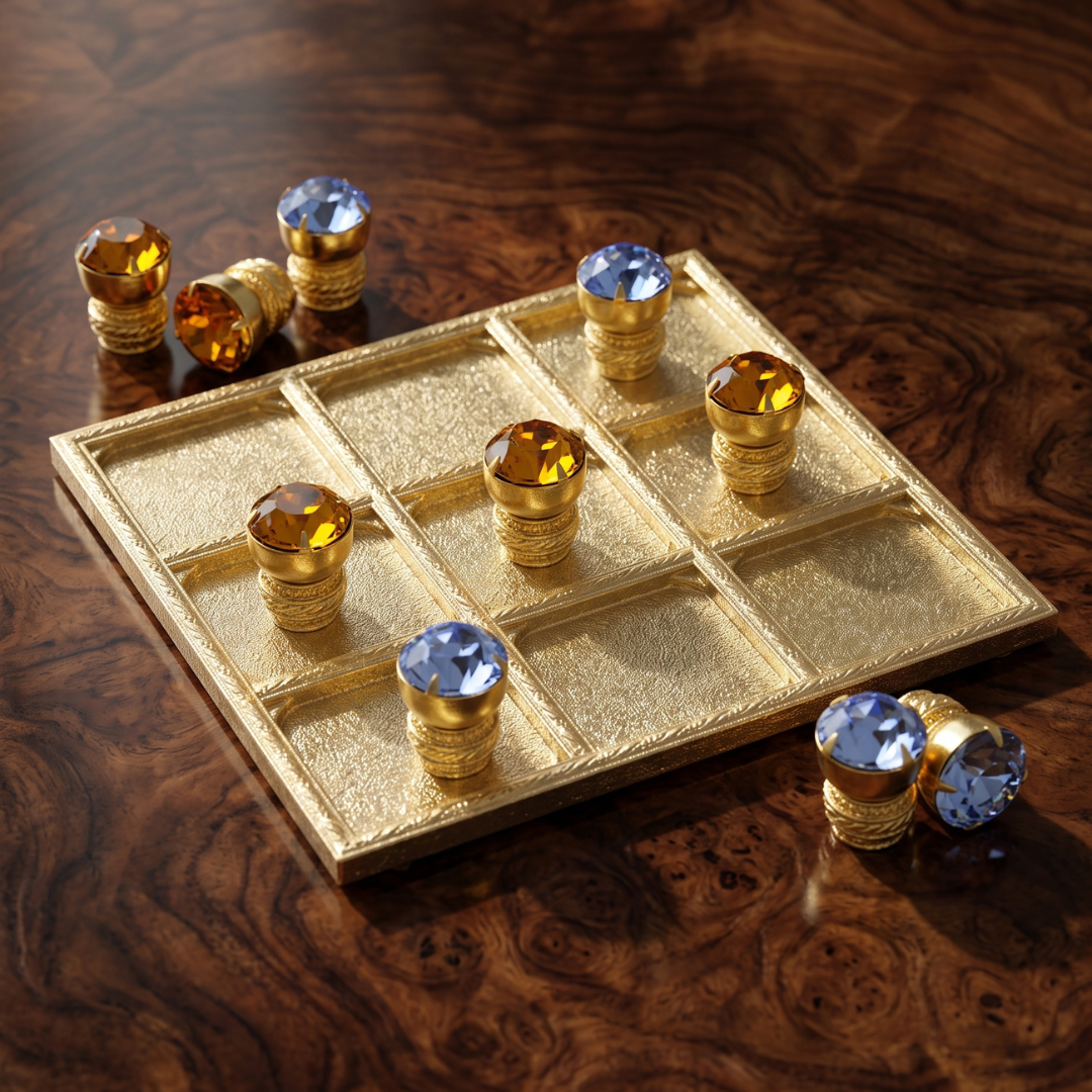 Parlor Tic-Tac-Toe Board Set With Light Sapphire Blue & Topaz Crystal Pieces resting on a dark wooden coffee table