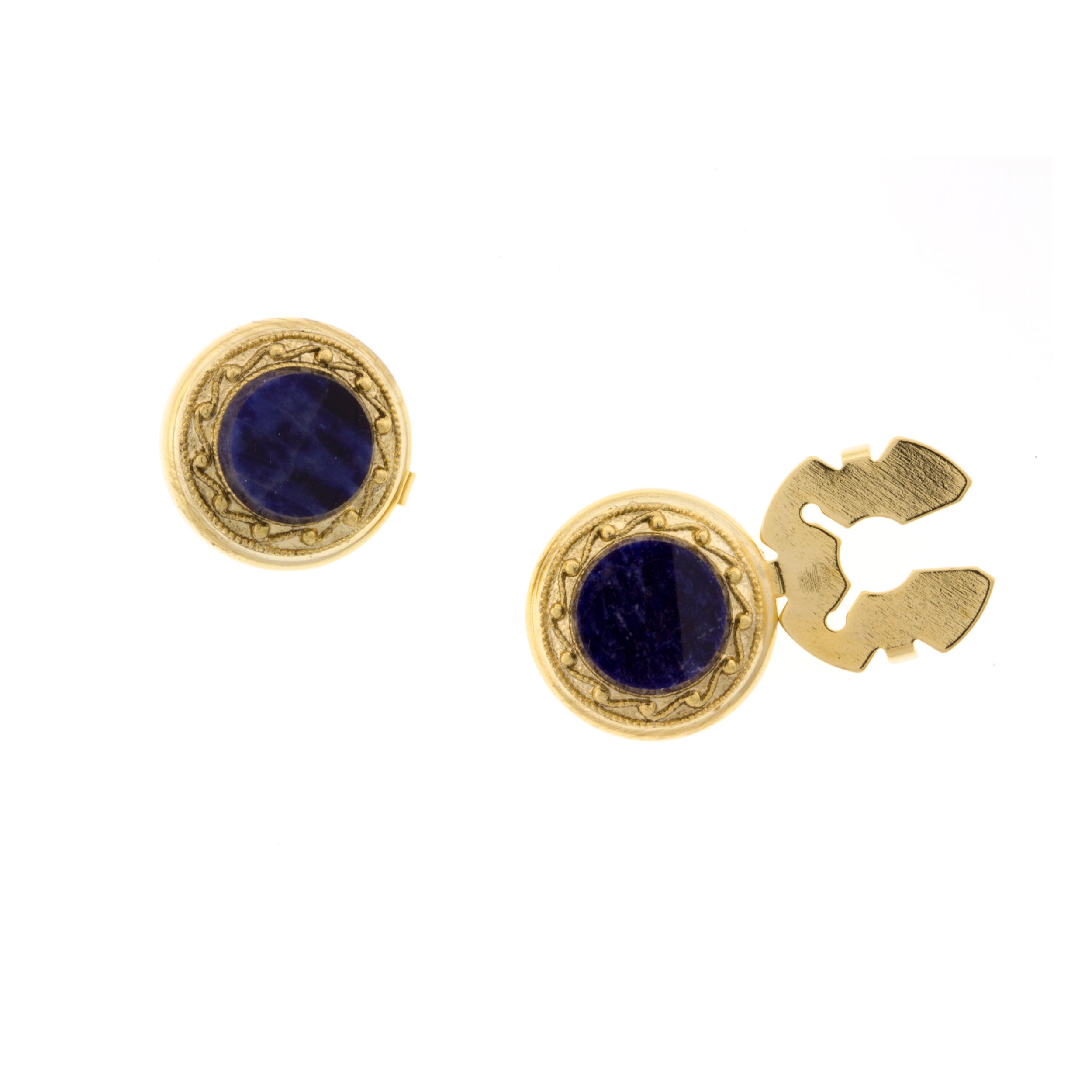 Gold button cover cufflinks with blue semi-precious stones on a white background.