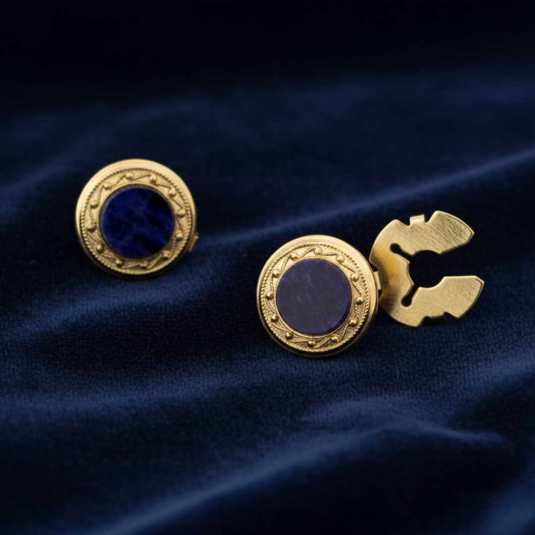 Gold cufflinks with blue gemstones on a dark blue fabric background.