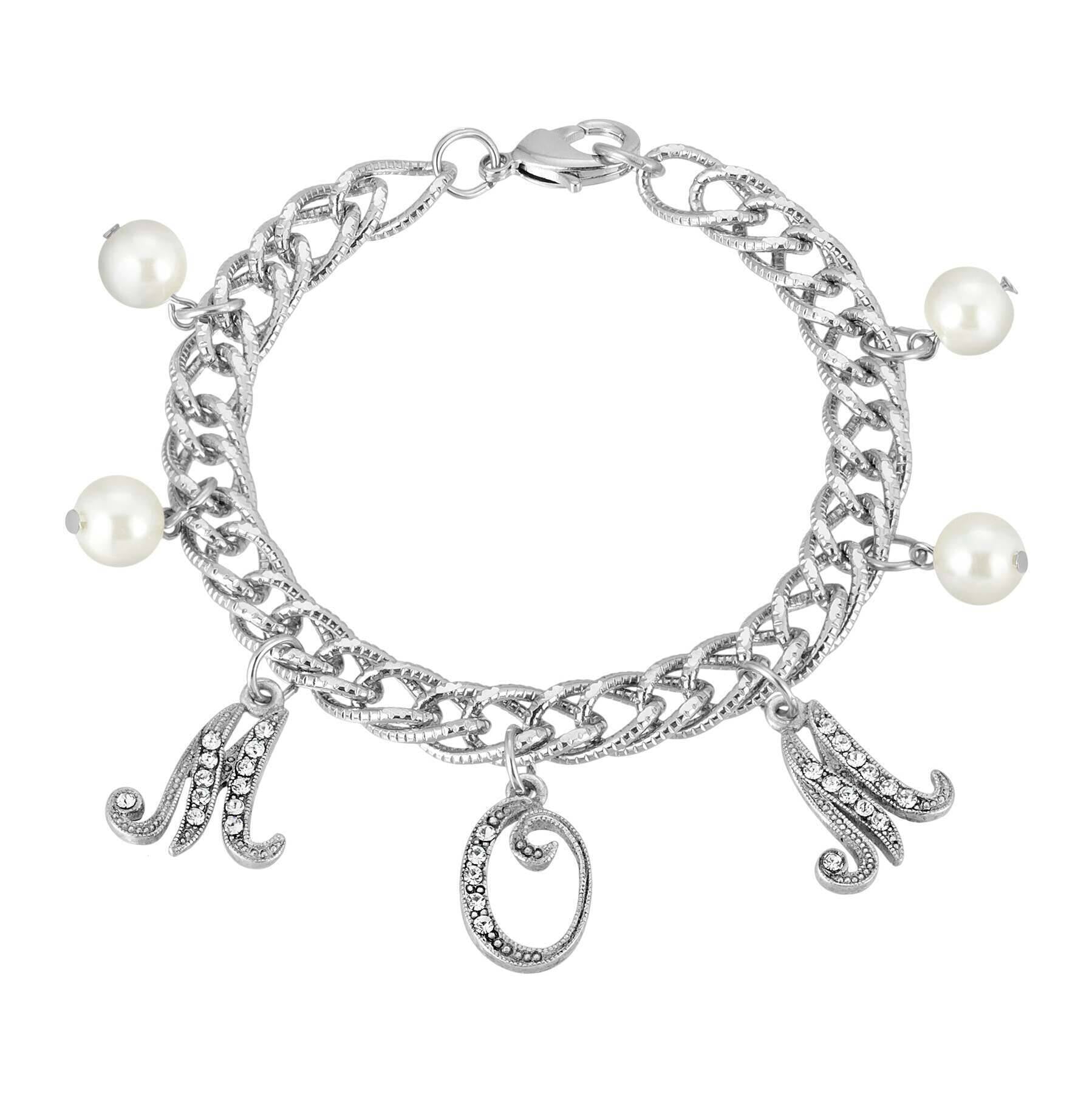1928 Jewelry Euro Crystal Mom Charm Faux Pearl Textured Chain Bracelet