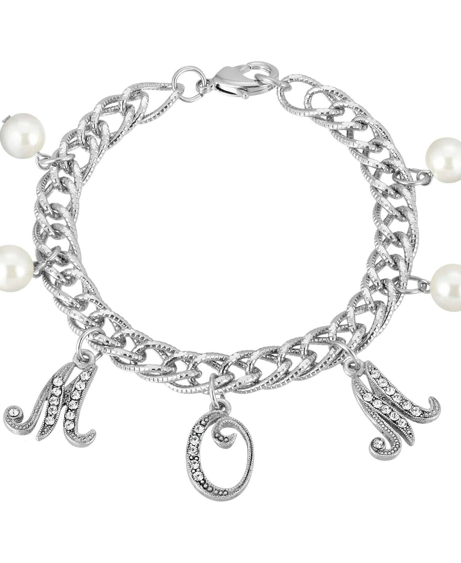 1928 Jewelry Euro Crystal Mom Charm Faux Pearl Textured Chain Bracelet