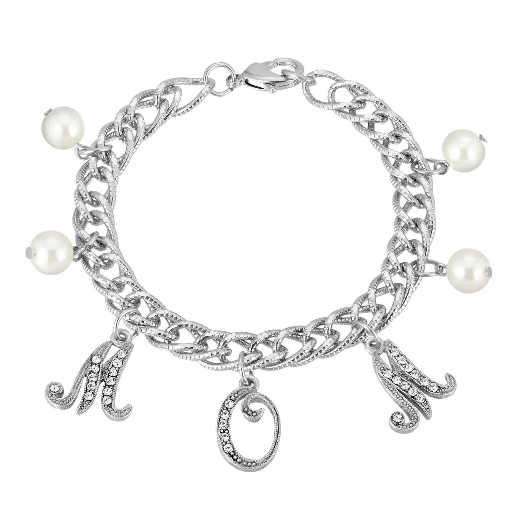 1928 Jewelry Euro Crystal Mom Charm Faux Pearl Textured Chain Bracelet