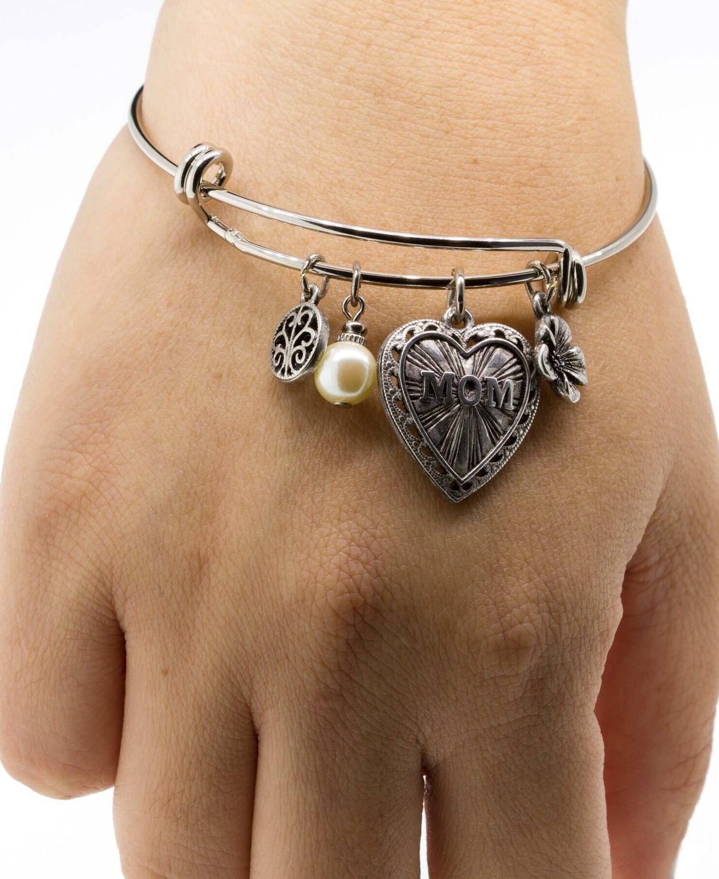 1928 Jewelry Mom Heart Flower White Faux Pearl Charm Bracelet