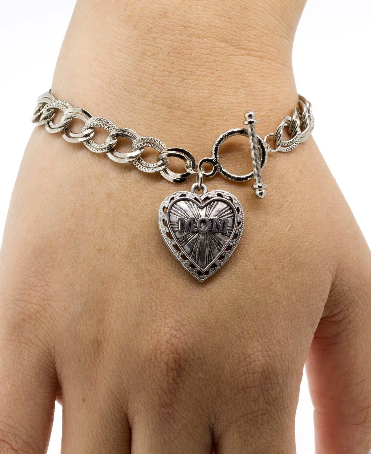 1928 Jewelry Pewter Mom Heart Charm Toggle Bracelet