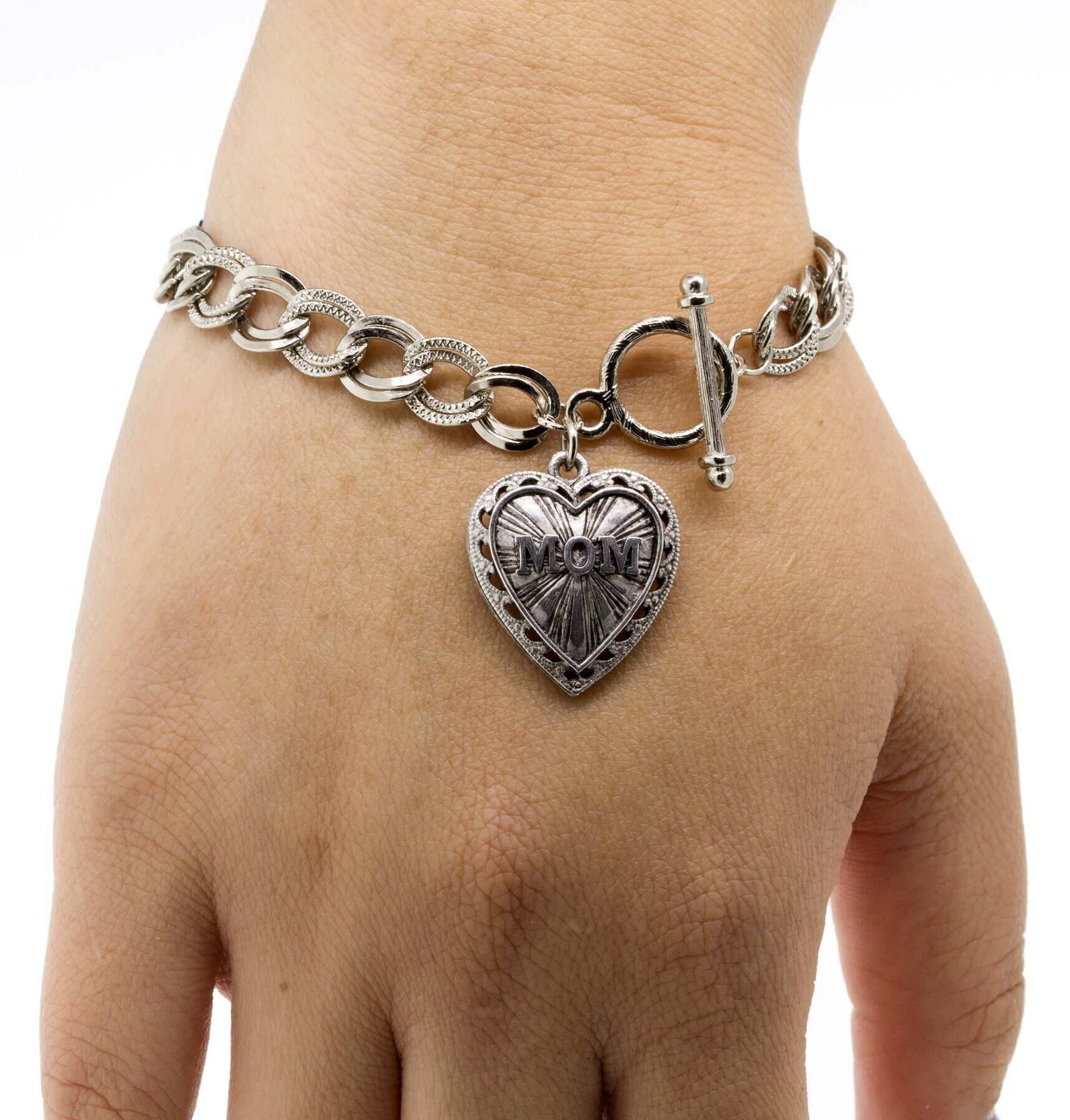 1928 Jewelry Pewter Mom Heart Charm Toggle Bracelet