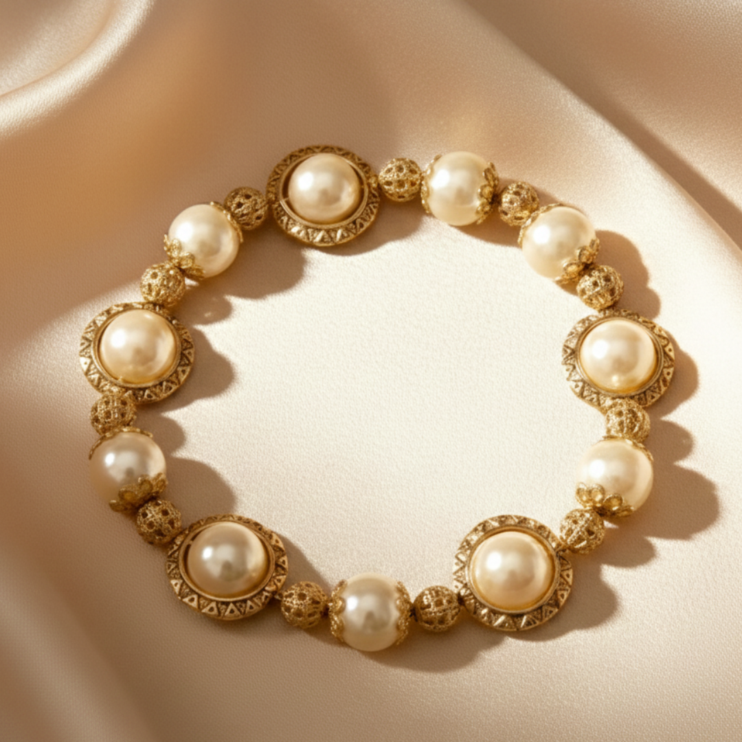 Pearl bracelet with gold accents on a beige fabric background