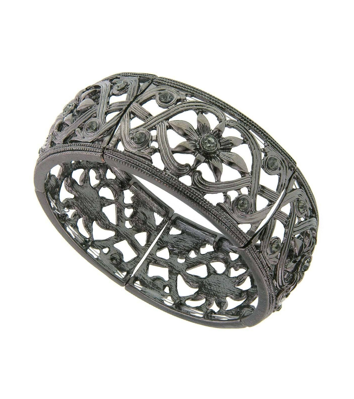 2028 Jewelry Ornate Filigree & Flower Designed Crystal Stretch Bracelet