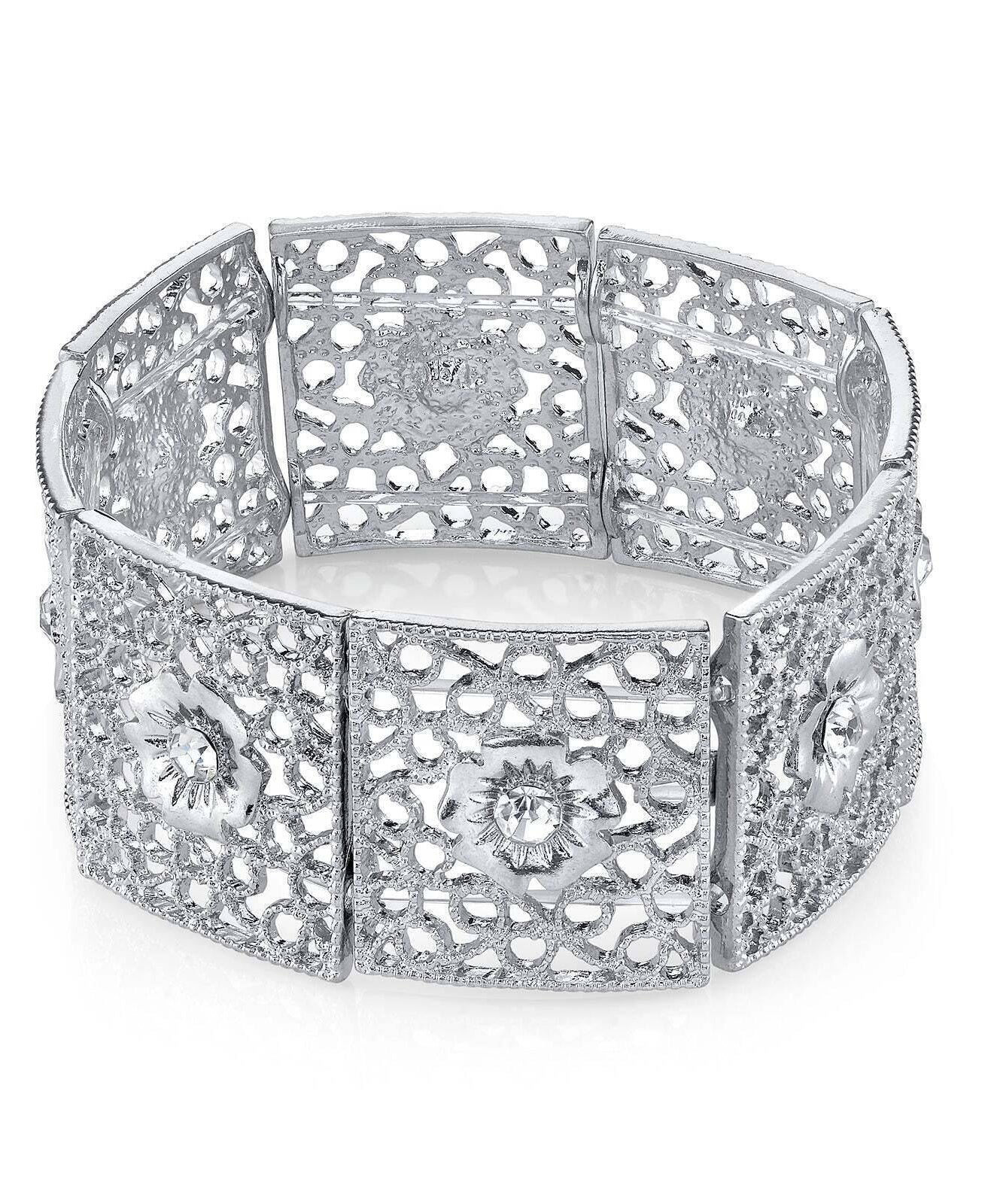 1928 Jewelry Square Filigree Flower Crystal Stretch Bracelet