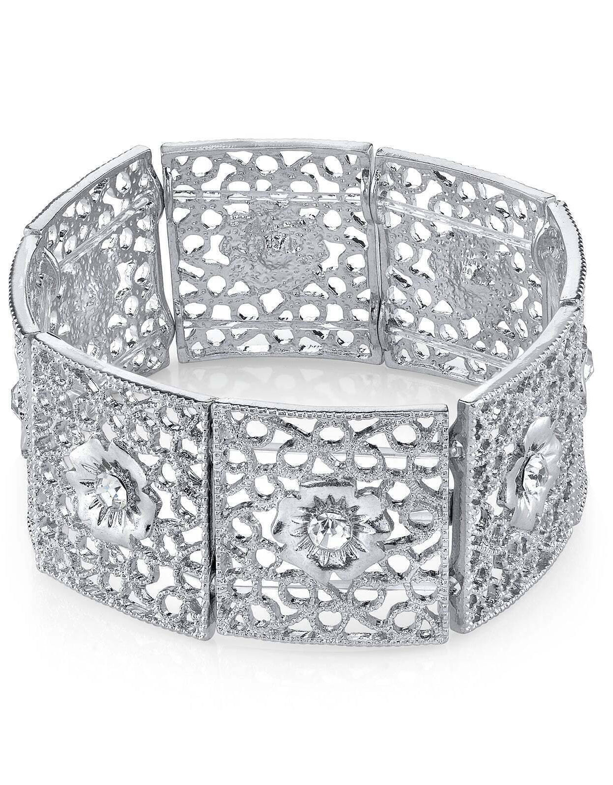 1928 Jewelry Square Filigree Flower Crystal Stretch Bracelet
