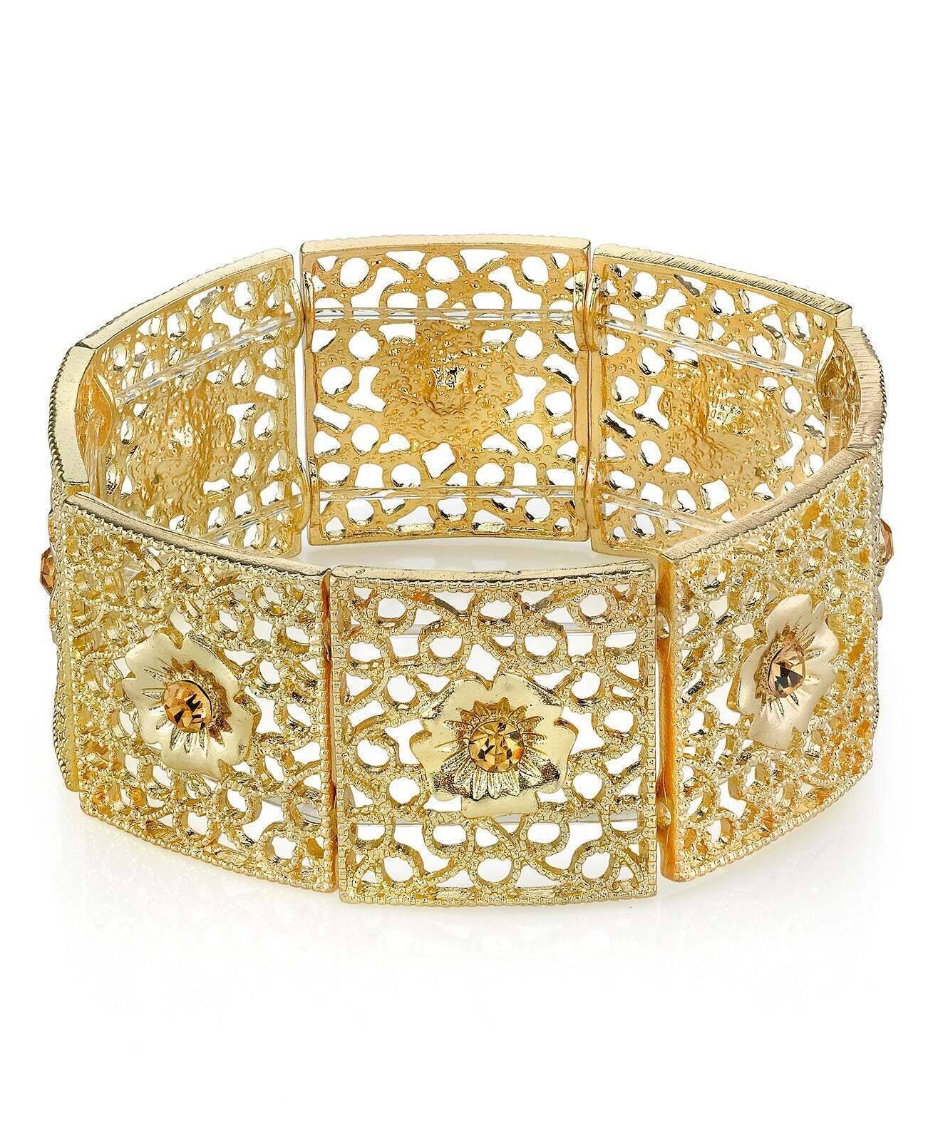 1928 Jewelry Square Filigree Flower Crystal Stretch Bracelet