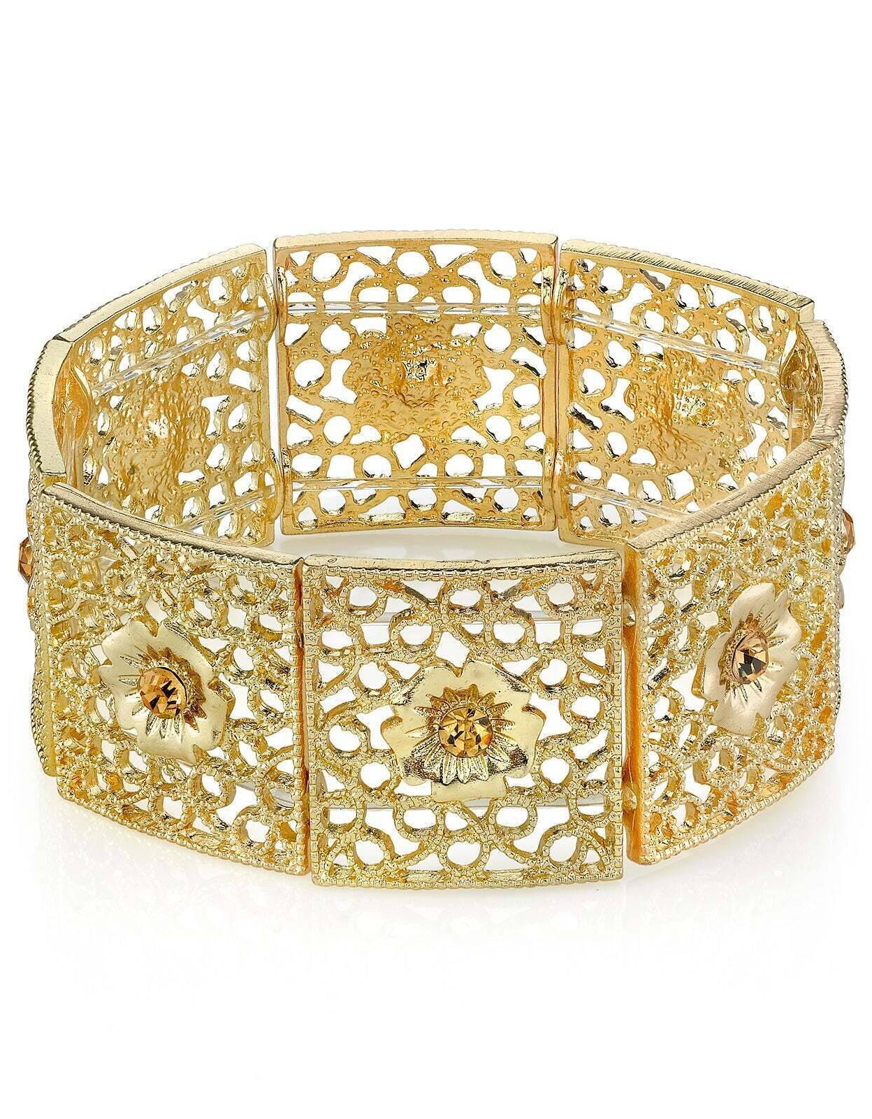 1928 Jewelry Square Filigree Flower Crystal Stretch Bracelet