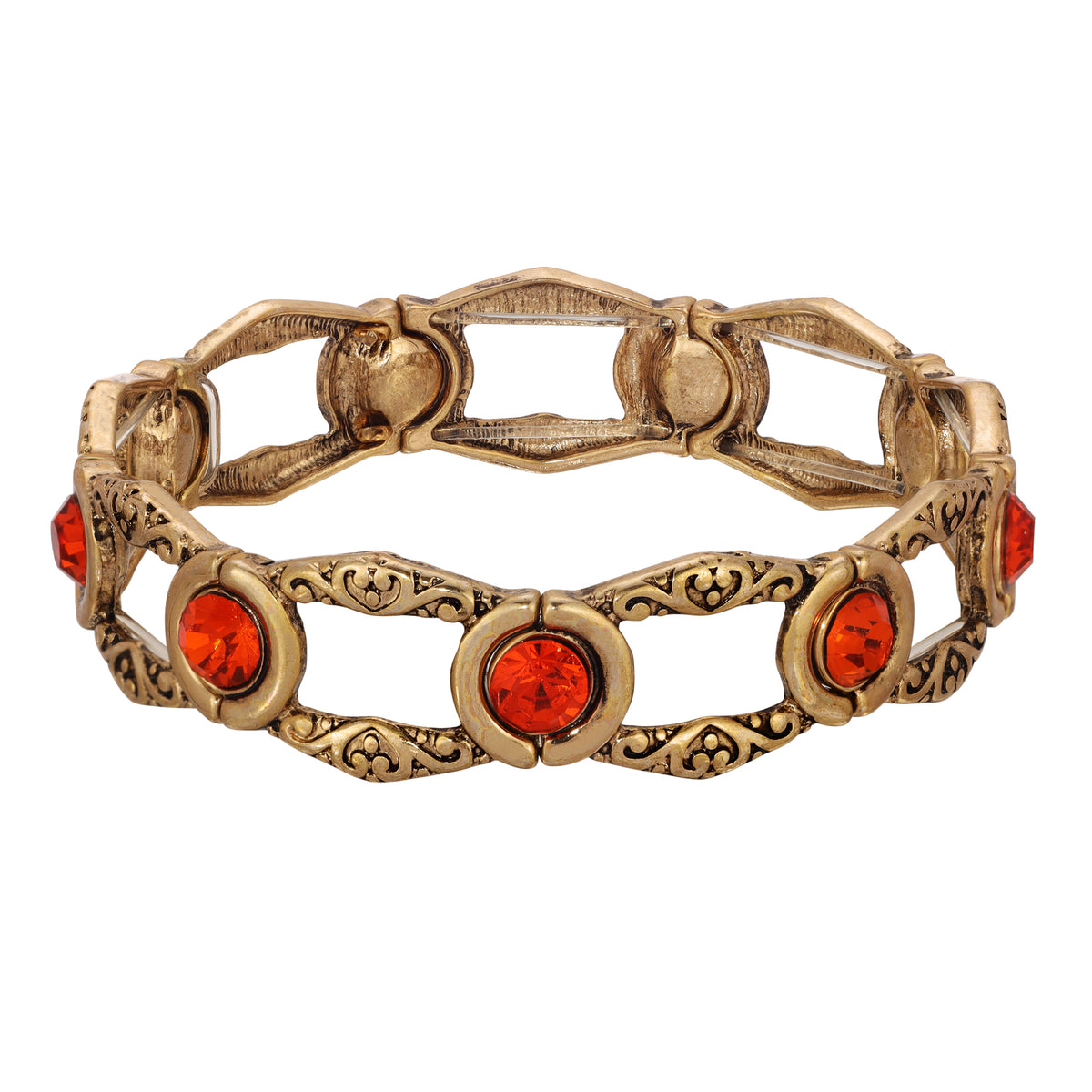 Golden Carnelian Red Crystal & Vintage Style Open Work Stretch Bracelet - Red