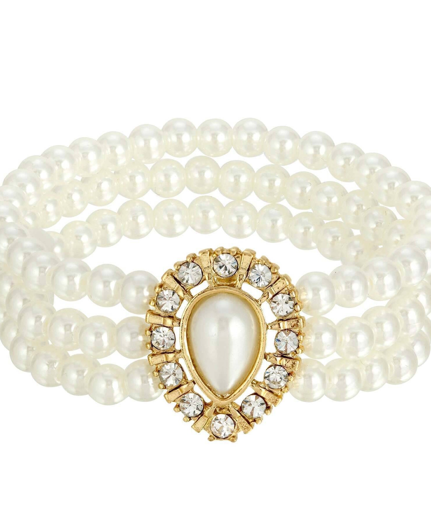 1928 Jewelry Faux Pearl With Crystal 3-Row Stretch Bracelet