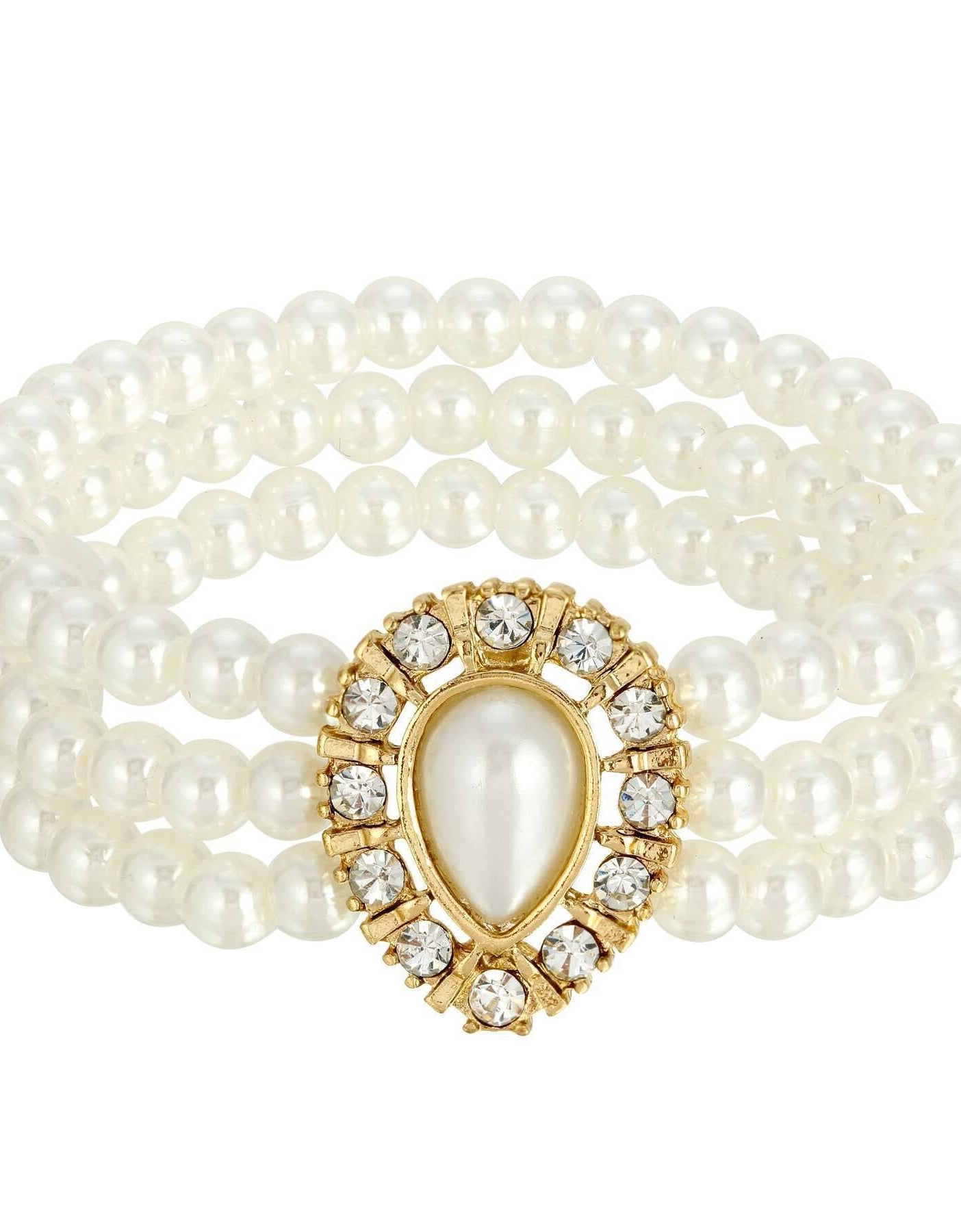 1928 Jewelry Faux Pearl With Crystal 3-Row Stretch Bracelet