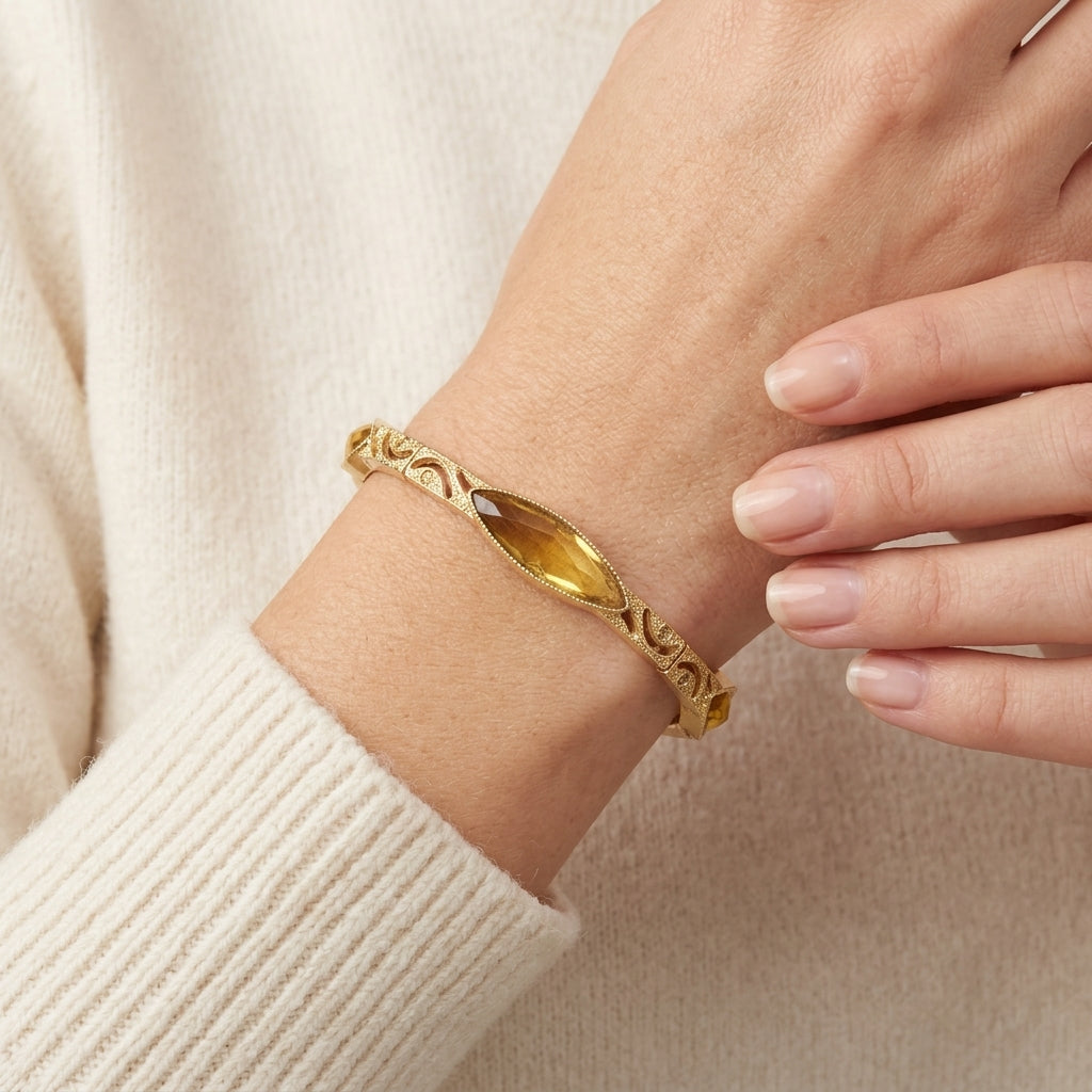 Slim Filigree Navette Topaz Crystal Stretch Bracelet worn by a woman on her wrist