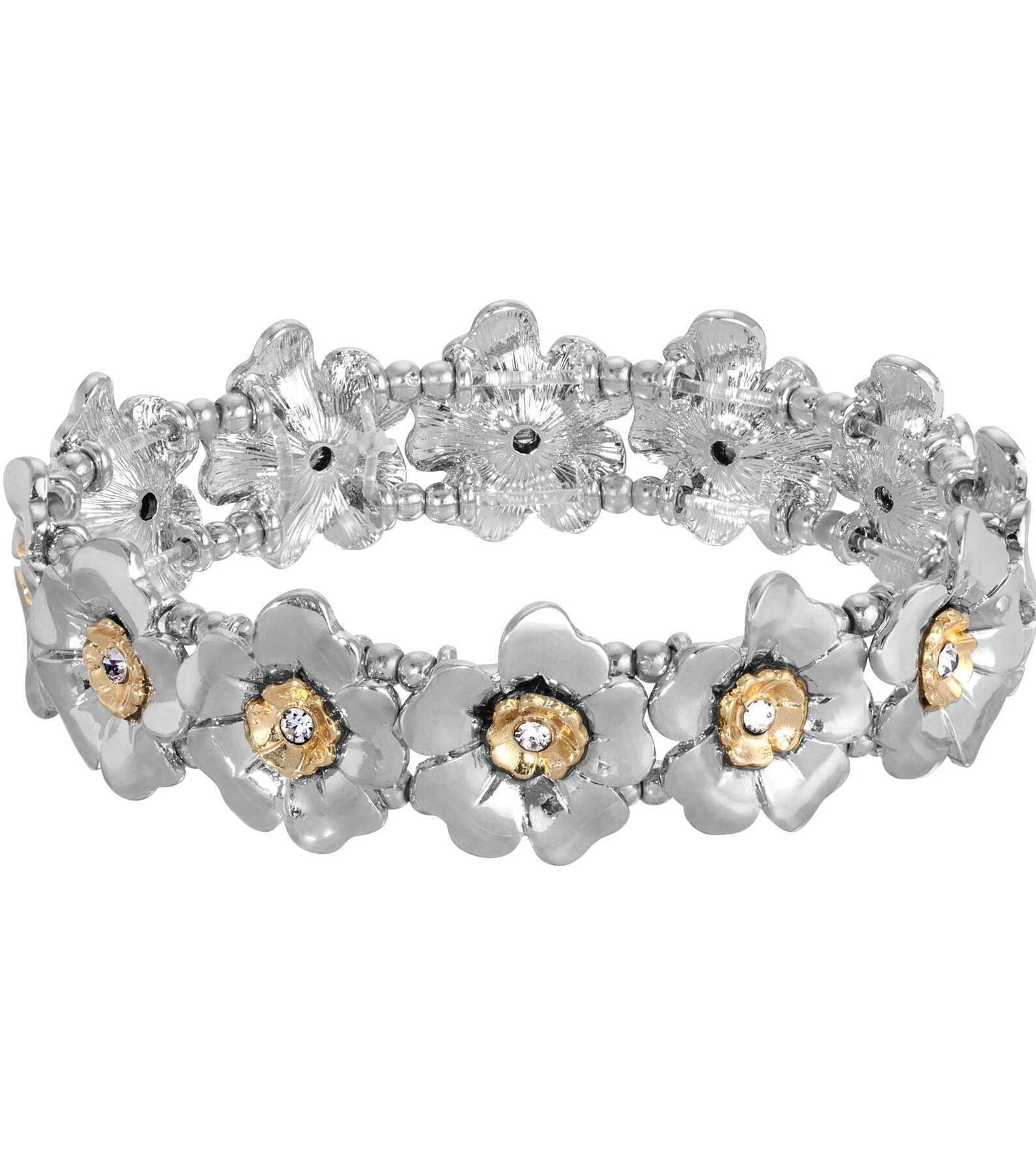 2028 Jewelry Two Tone Crystal Flower Stretch Bracelet
