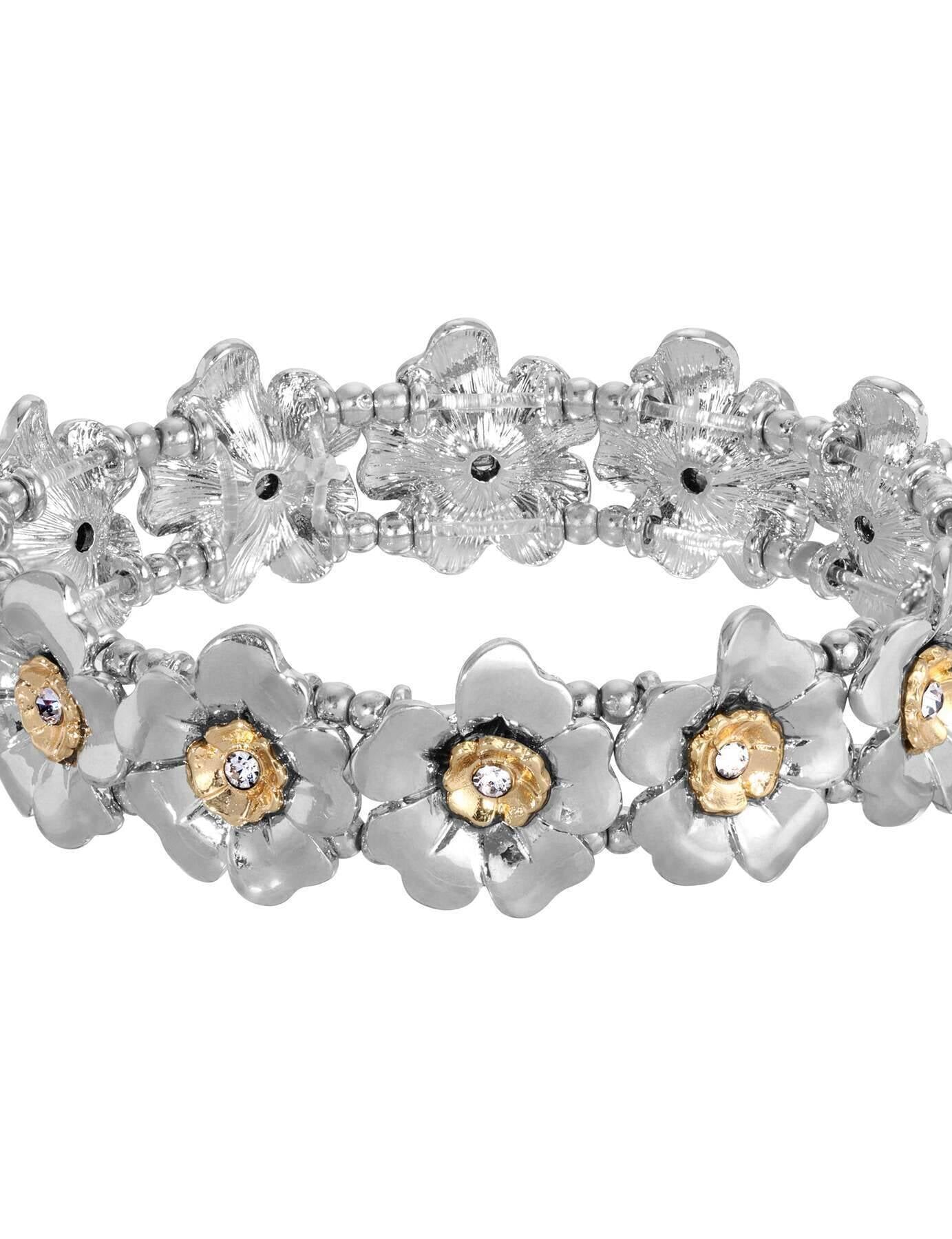 2028 Jewelry Two Tone Crystal Flower Stretch Bracelet
