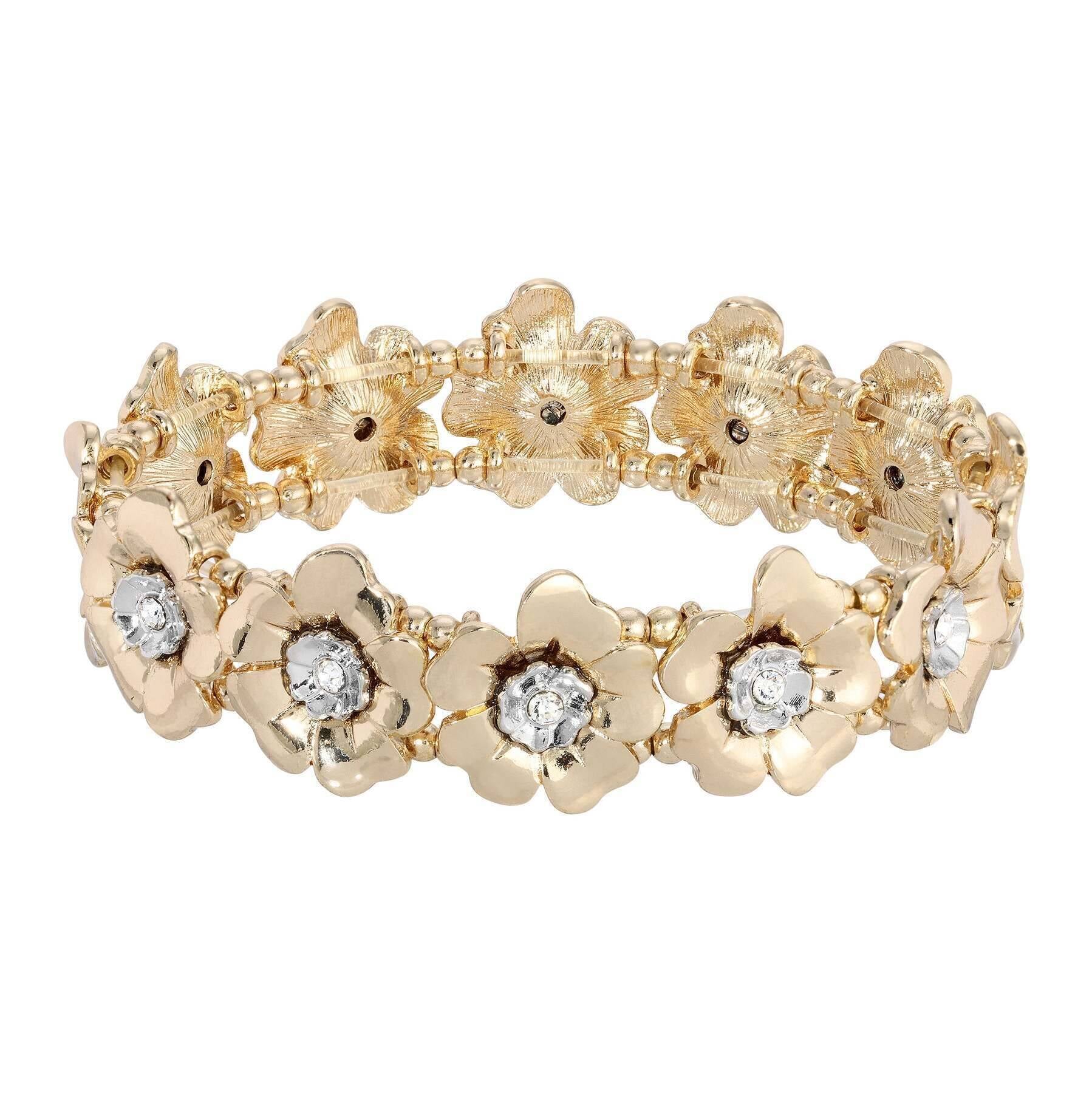 2028 Jewelry Two Tone Crystal Flower Stretch Bracelet